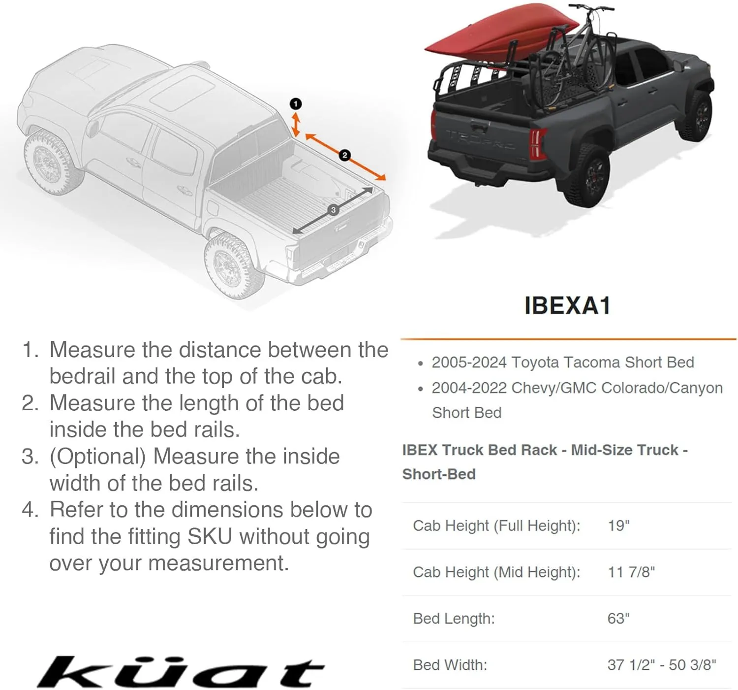 KUAT Ibex Versatile Durable Lightweight Aluminum Adjustable Truck Bed Rack - Stainless Steel Hardware Included | 1,200 LBS Static & 300 LBS Dynamic Weight Capacity, IBEXA1 - Mid-Size - Short-Bed