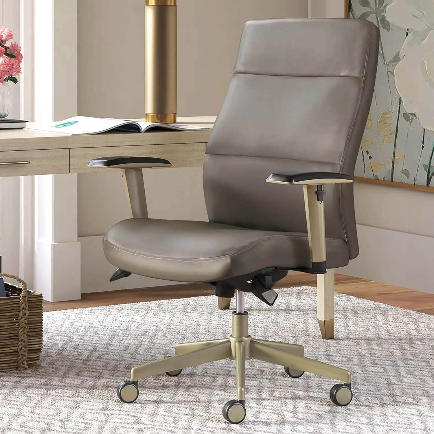 La-Z-Boy® Baylor Modern Executive Office Chair, Adjustable Comfy Desk Chair, Ergonomic Computer Chair with Lumbar Support, Grey Bonded Leather