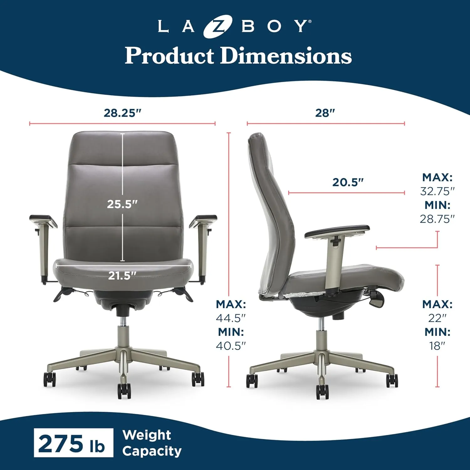 La-Z-Boy® Baylor Modern Executive Office Chair, Adjustable Comfy Desk Chair, Ergonomic Computer Chair with Lumbar Support, Grey Bonded Leather