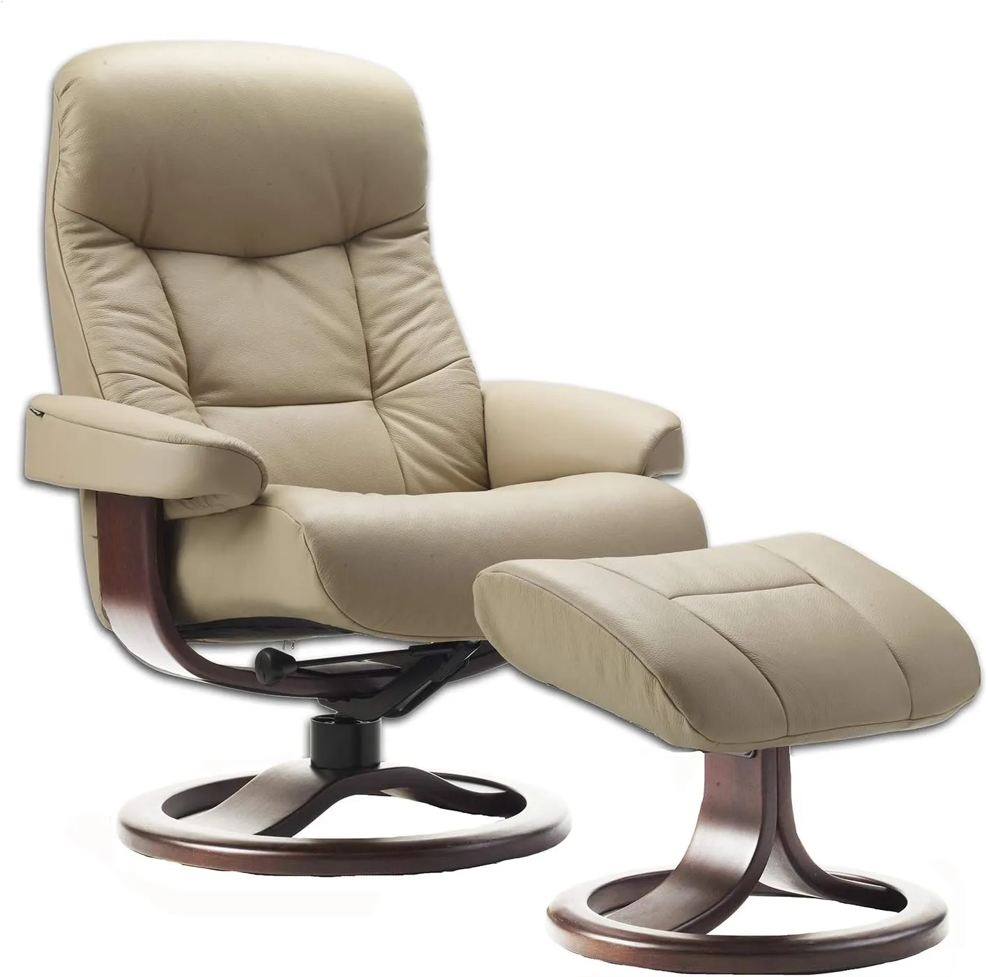 Large Leather Ergonomic Swivel Recliner Chair with Ottoman in Sandel NL 121 Nordic Line Leather with a Walnut Wood Stain Base