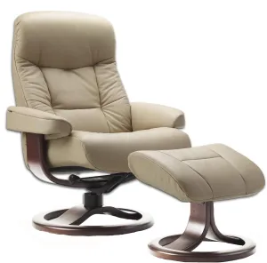 Large Leather Ergonomic Swivel Recliner Chair with Ottoman in Sandel NL 121 Nordic Line Leather with a Walnut Wood Stain Base