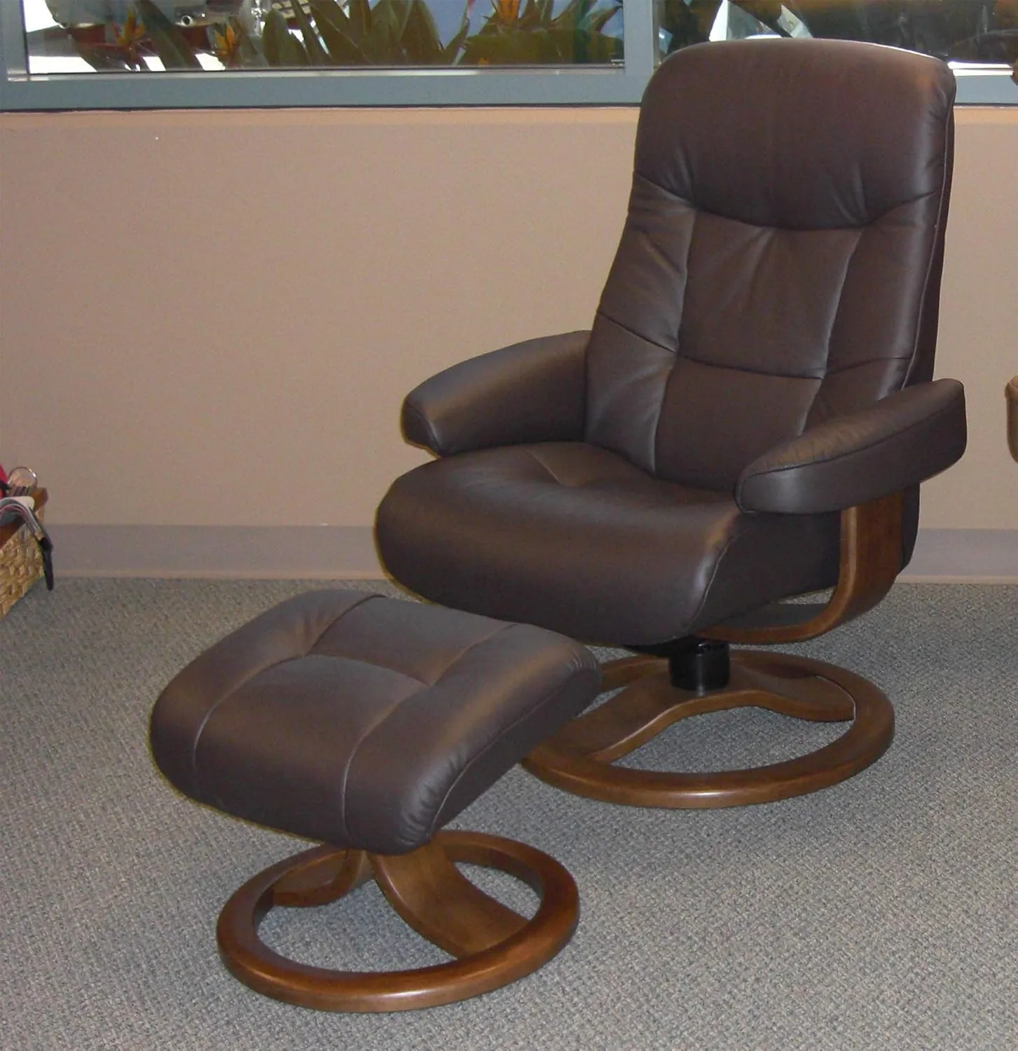 Large Leather Swivel Recliner Chair with Ottoman in Havana Dark Brown NL 120 Nordic Line Leather with a Lite Oak Wood Stain Base