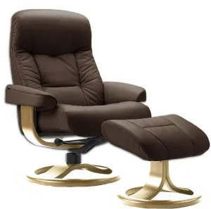 Large Leather Swivel Recliner Chair with Ottoman in Havana Dark Brown NL 120 Nordic Line Leather with a Lite Oak Wood Stain Base