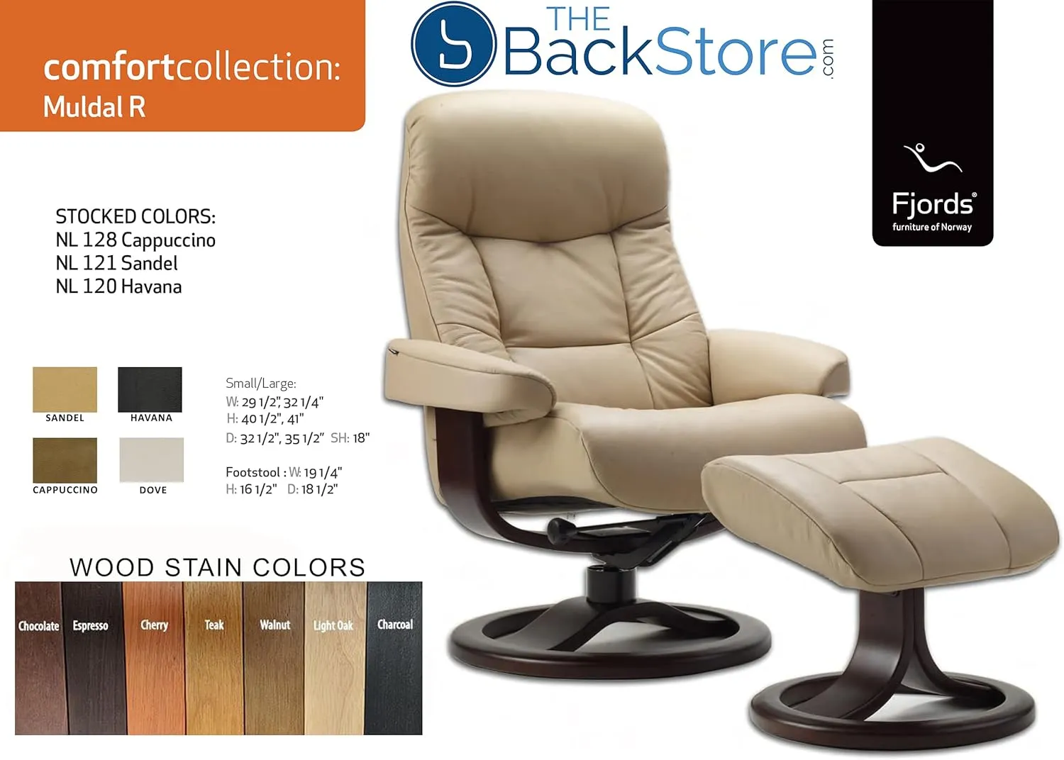 Large Leather Swivel Recliner Chair with Ottoman in Havana Dark Brown NL 120 Nordic Line Leather with a Lite Oak Wood Stain Base