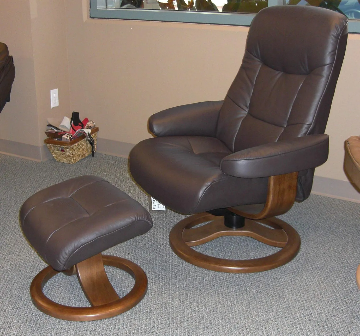 Large Leather Swivel Recliner Chair with Ottoman in Havana Dark Brown NL 120 Nordic Line Leather with a Lite Oak Wood Stain Base