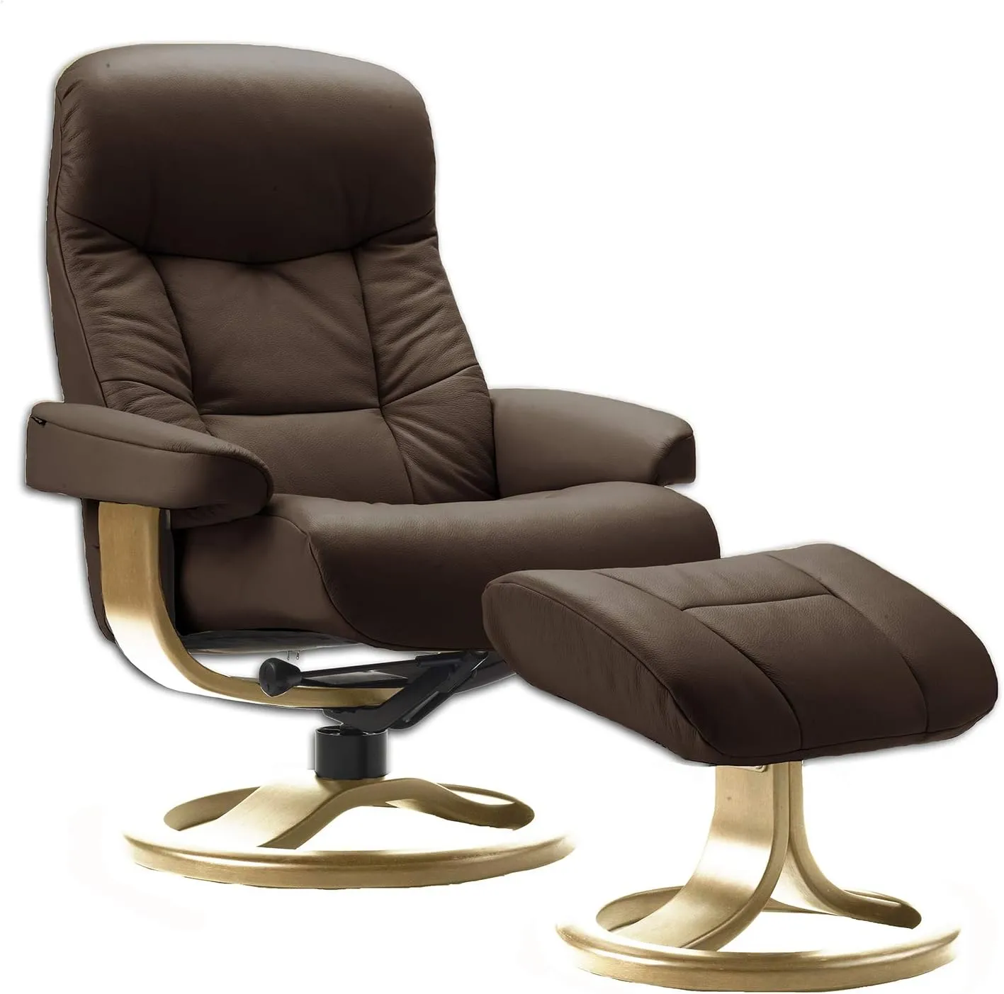 Large Leather Swivel Recliner Chair with Ottoman in Havana Dark Brown NL 120 Nordic Line Leather with a Lite Oak Wood Stain Base