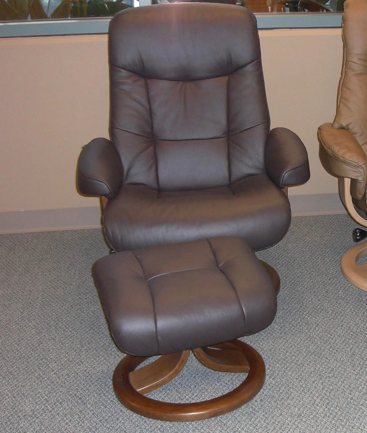 Large Leather Swivel Recliner Chair with Ottoman in Havana Dark Brown NL 120 Nordic Line Leather with a Lite Oak Wood Stain Base