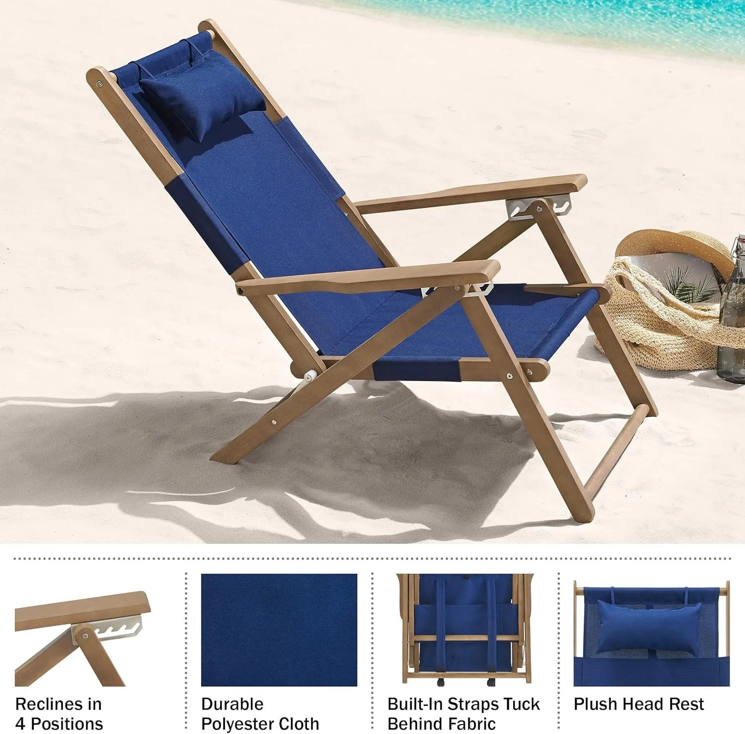 Lavish Home Beach Chair - Outdoor Weather-Resistant Wood Folding Chair with Backpack Straps - 4-Position Reclining Seat - Beach Essentials (Blue)