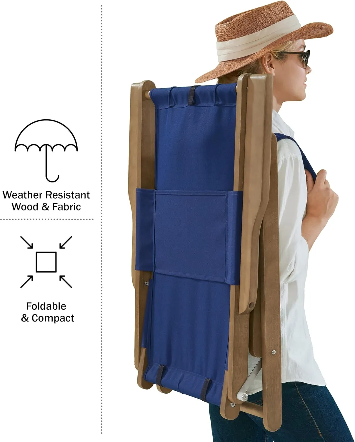 Lavish Home Beach Chair - Outdoor Weather-Resistant Wood Folding Chair with Backpack Straps - 4-Position Reclining Seat - Beach Essentials (Blue)