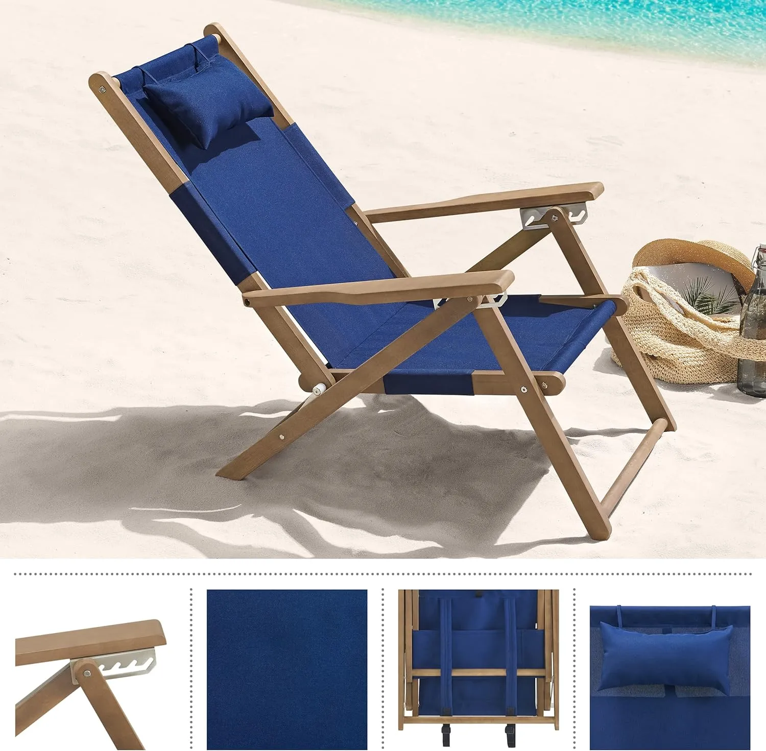 Lavish Home Beach Chair - Outdoor Weather-Resistant Wood Folding Chair with Backpack Straps - 4-Position Reclining Seat - Beach Essentials (Blue)