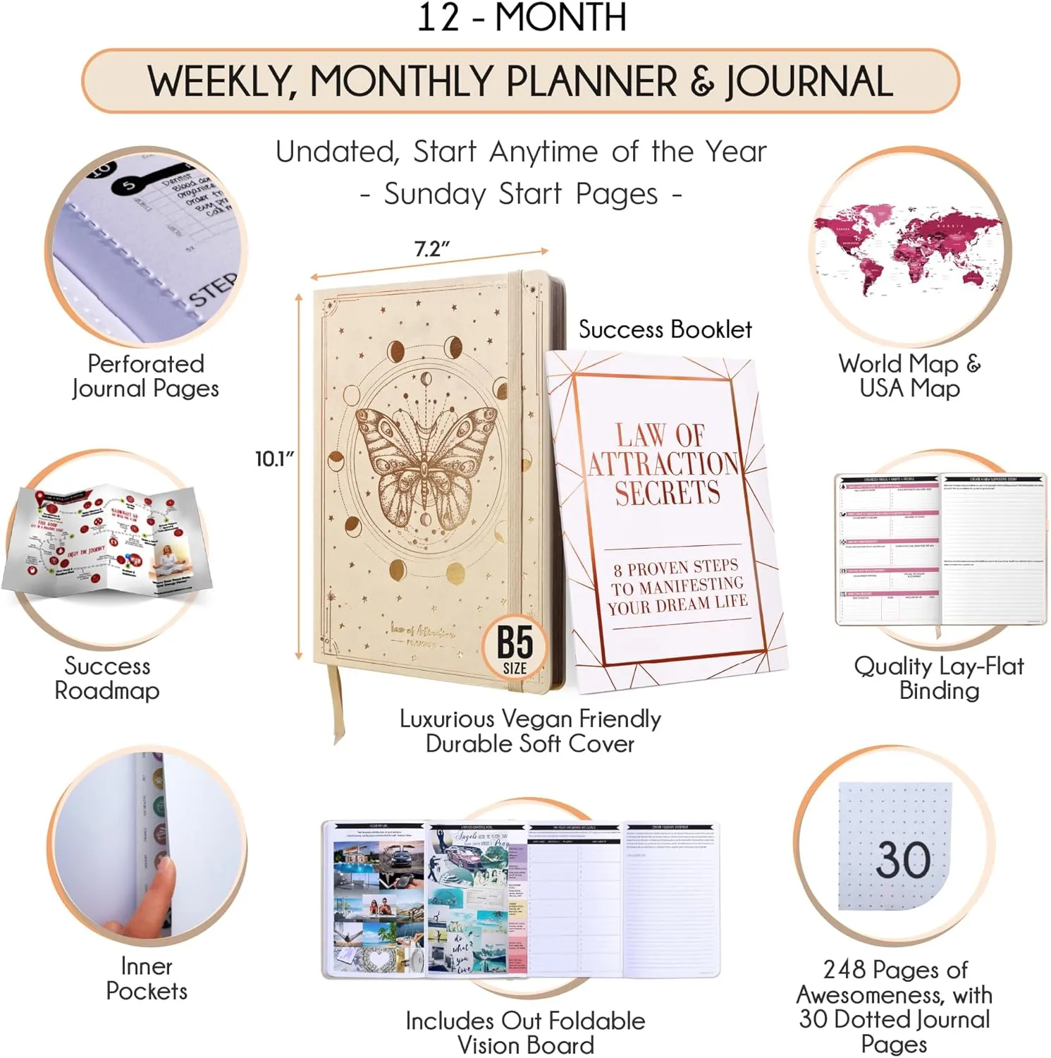 Law of Attraction Planner 2025 – Undated Hourly, Weekly & Monthly Goal Setting Planner, 12-Month to Increase Productivity | Life & Gratitude Journal, Include Foldable Vision Board, Gift Box & Stickers
