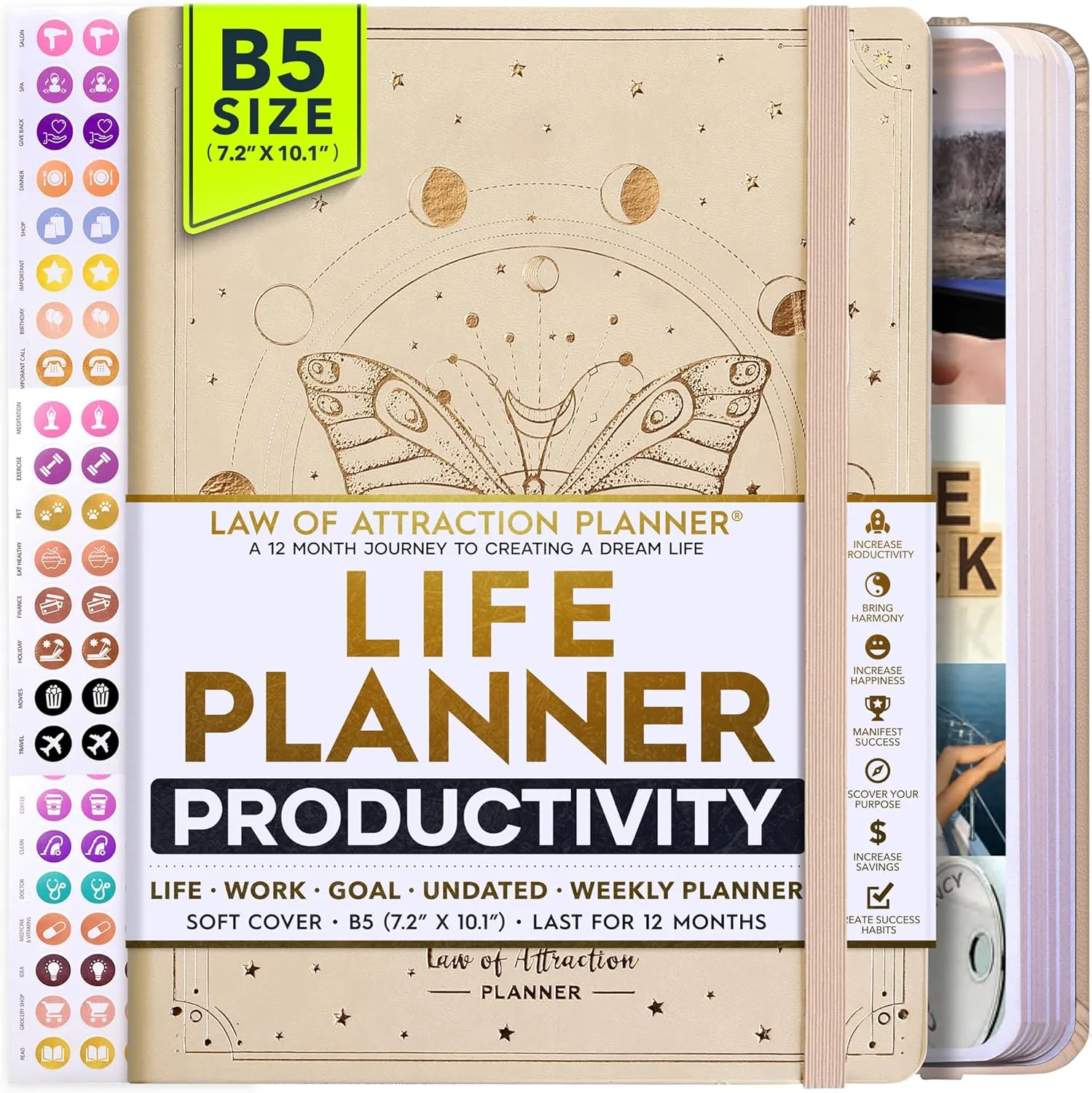 Law of Attraction Planner 2025 – Undated Hourly, Weekly & Monthly Goal Setting Planner, 12-Month to Increase Productivity | Life & Gratitude Journal, Include Foldable Vision Board, Gift Box & Stickers