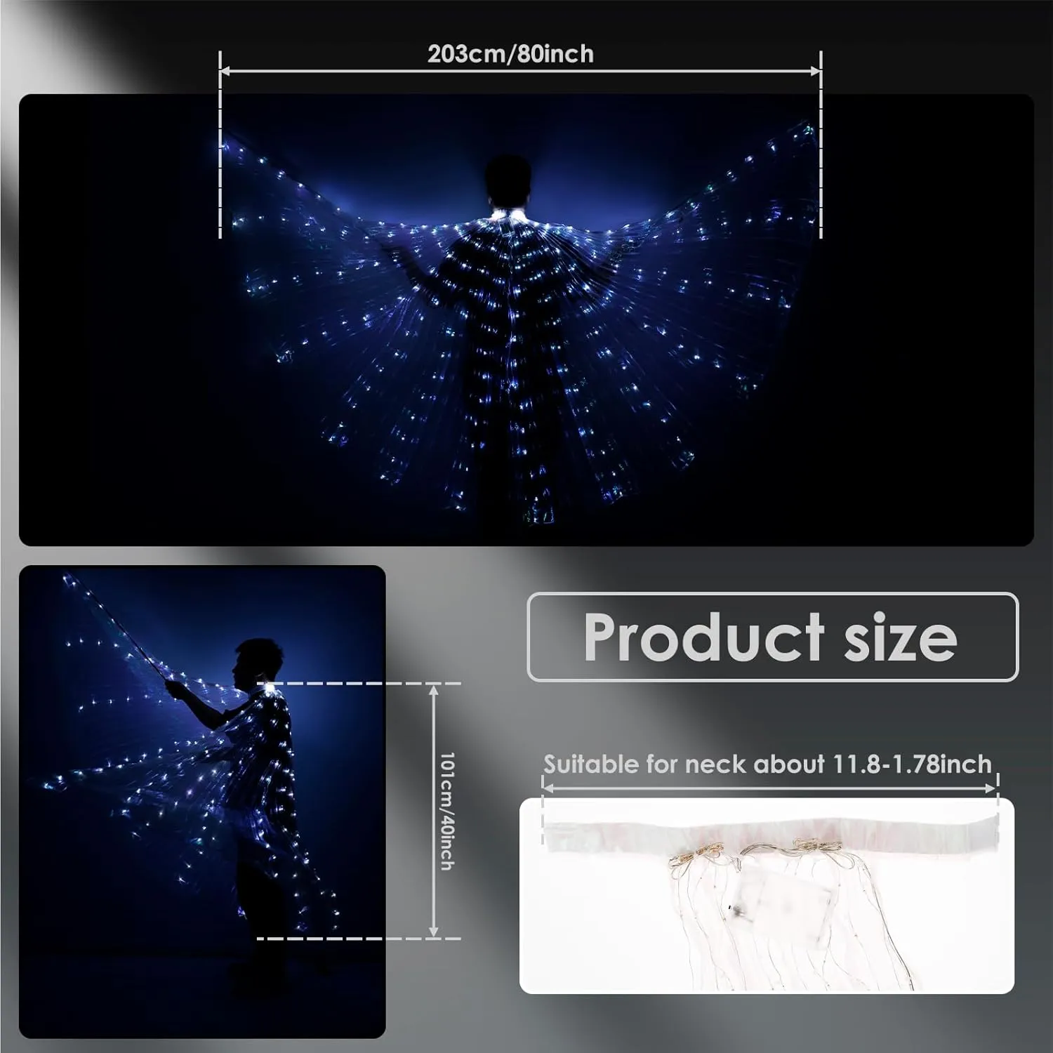 LED Belly Dance Wing, Colorful Butterfly Dance Light Up Wings with Telescopic Stick Glowing 2 Light Mode LED, Performance Clothing for Adult Child, Halloween,Christmas
