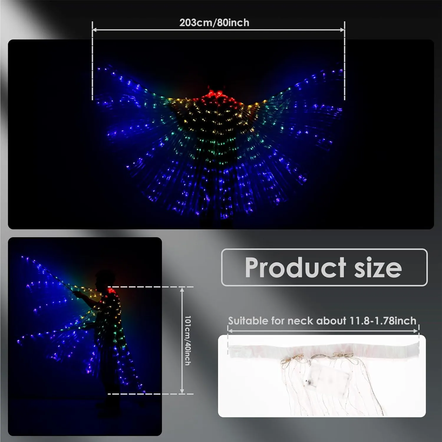 LED Belly Dance Wing, Colorful Butterfly Dance Light Up Wings with Telescopic Stick Glowing 2 Light Mode LED, Performance Clothing for Adult Child, Halloween,Christmas