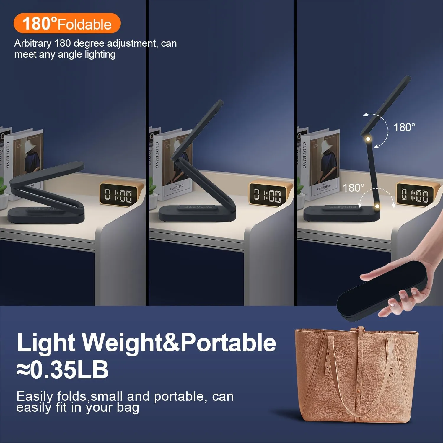 LED Desk Lamp for Office Home & Battery Operated Lamp Rechargeable Lamp Foldable & Portable Light, LED Desk Light Strip, 3 Brightness Dimmable Small Desk Lamp Reading Lamp (Black (2PACK))