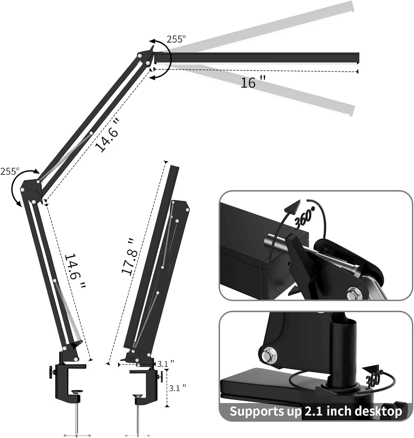 LED Desk Lamp, Manicure Table Lamp, Eye-Caring Drafting Light, Dimmable Office Table Lamp with 3 Color Modes, 10 Brightness Levels & Adapter, Memory Function(Black)