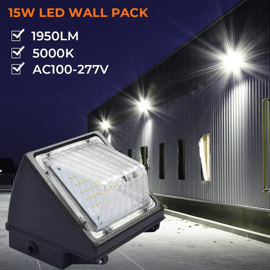 LED Wall Pack Light 15w, Outdoor Commercial and Industrial Lighting, 1950 Lumens, 100-120W HPS/HID Replacement, 5000K (Crystal White Glow), IP65 Waterproof, ETL & DLC Qualified