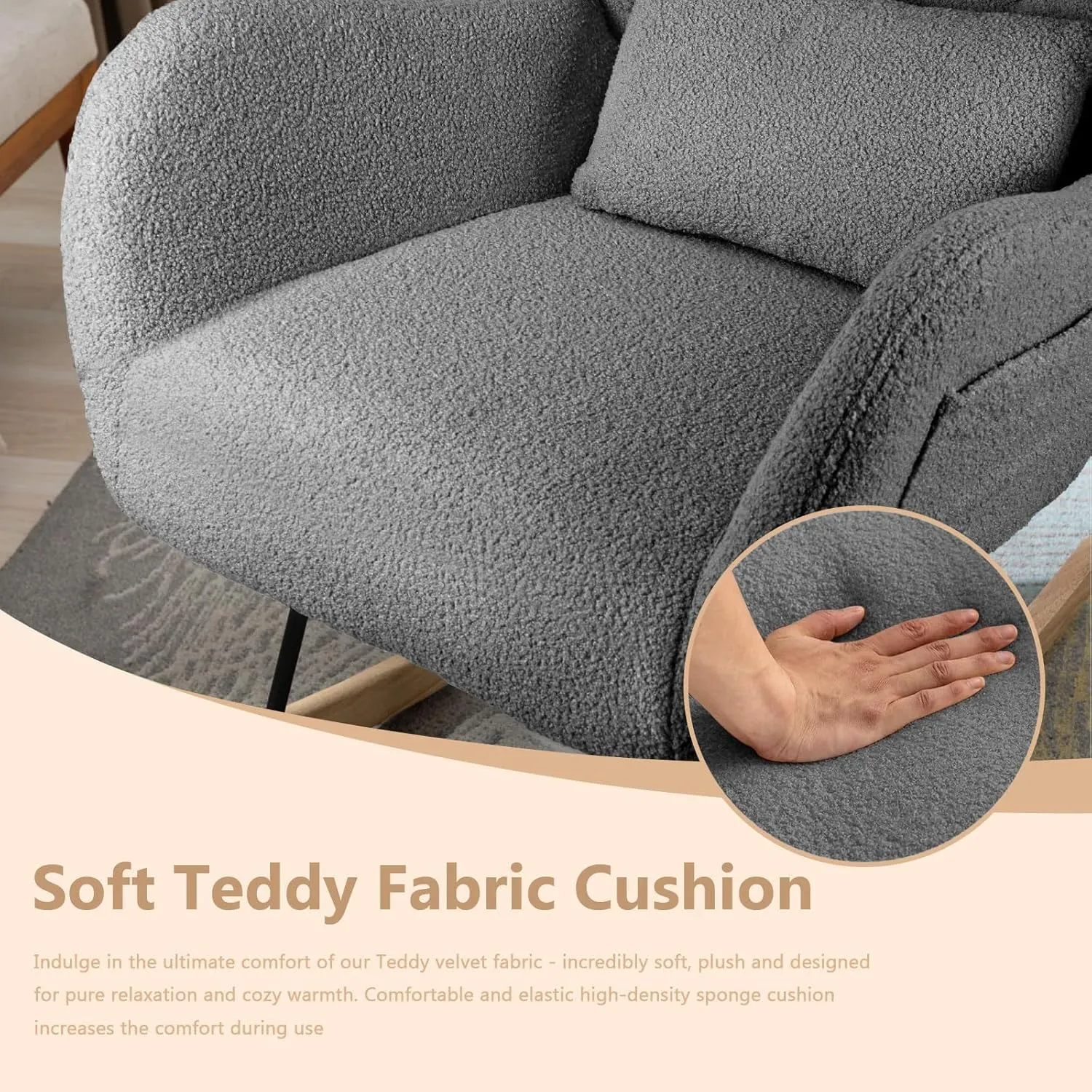 LEMBERI Rocking Chair Nursery, Teddy Upholstered Padded Seat Rocking Chair with Headrest, High Backrest Glider Accent Chair for Bedroom, Nursery, Living Room (Grey)