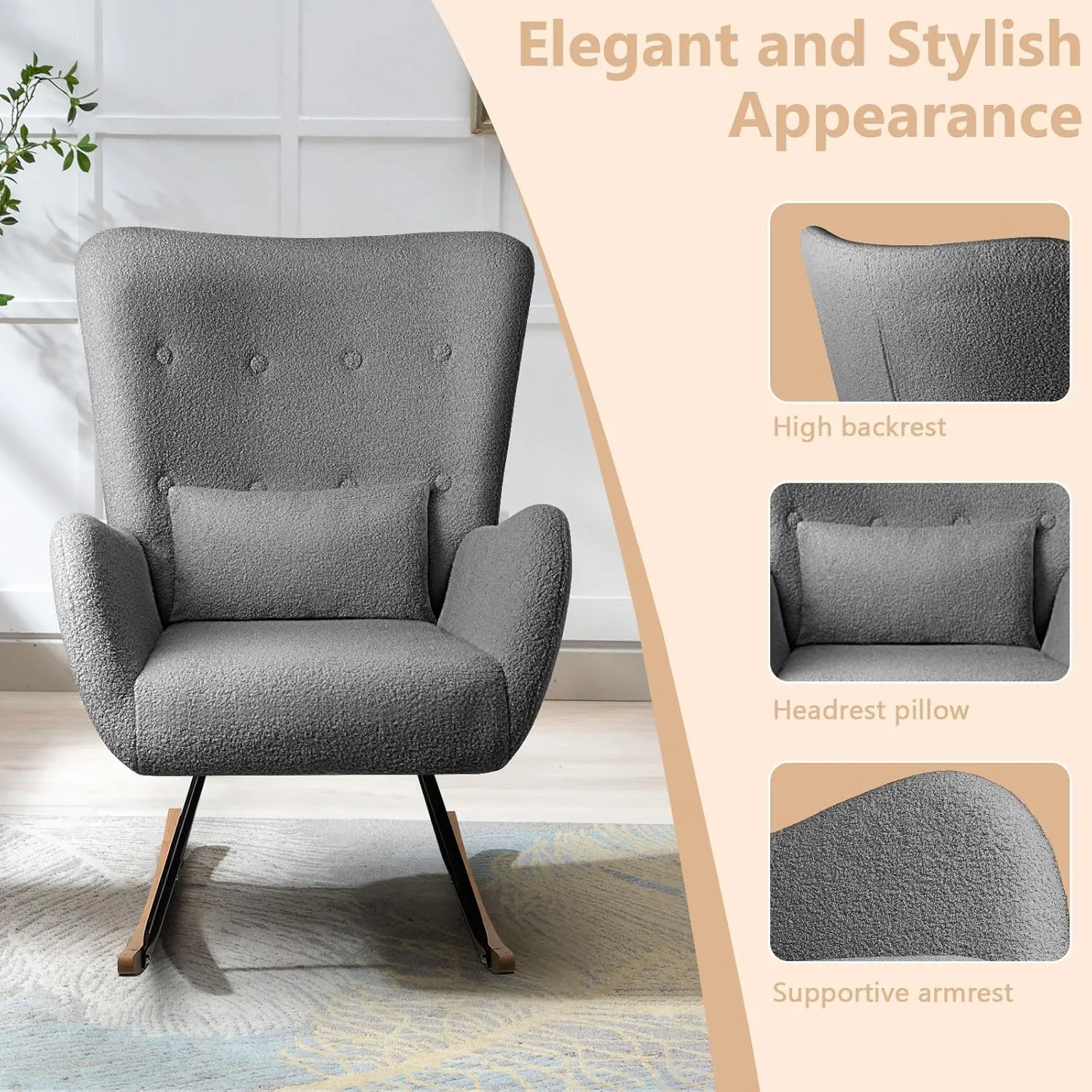 LEMBERI Rocking Chair Nursery, Teddy Upholstered Padded Seat Rocking Chair with Headrest, High Backrest Glider Accent Chair for Bedroom, Nursery, Living Room (Grey)