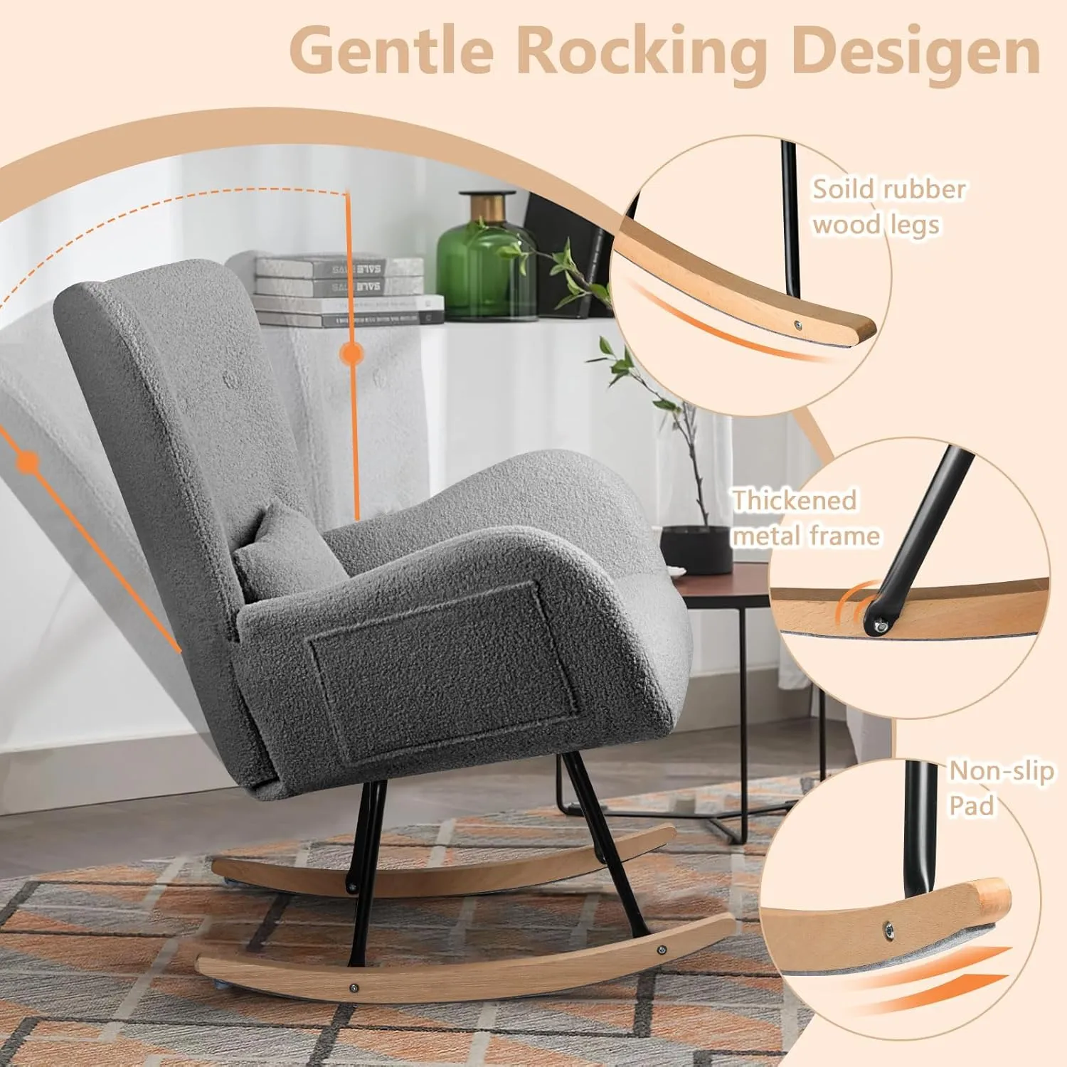 LEMBERI Rocking Chair Nursery, Teddy Upholstered Padded Seat Rocking Chair with Headrest, High Backrest Glider Accent Chair for Bedroom, Nursery, Living Room (Grey)