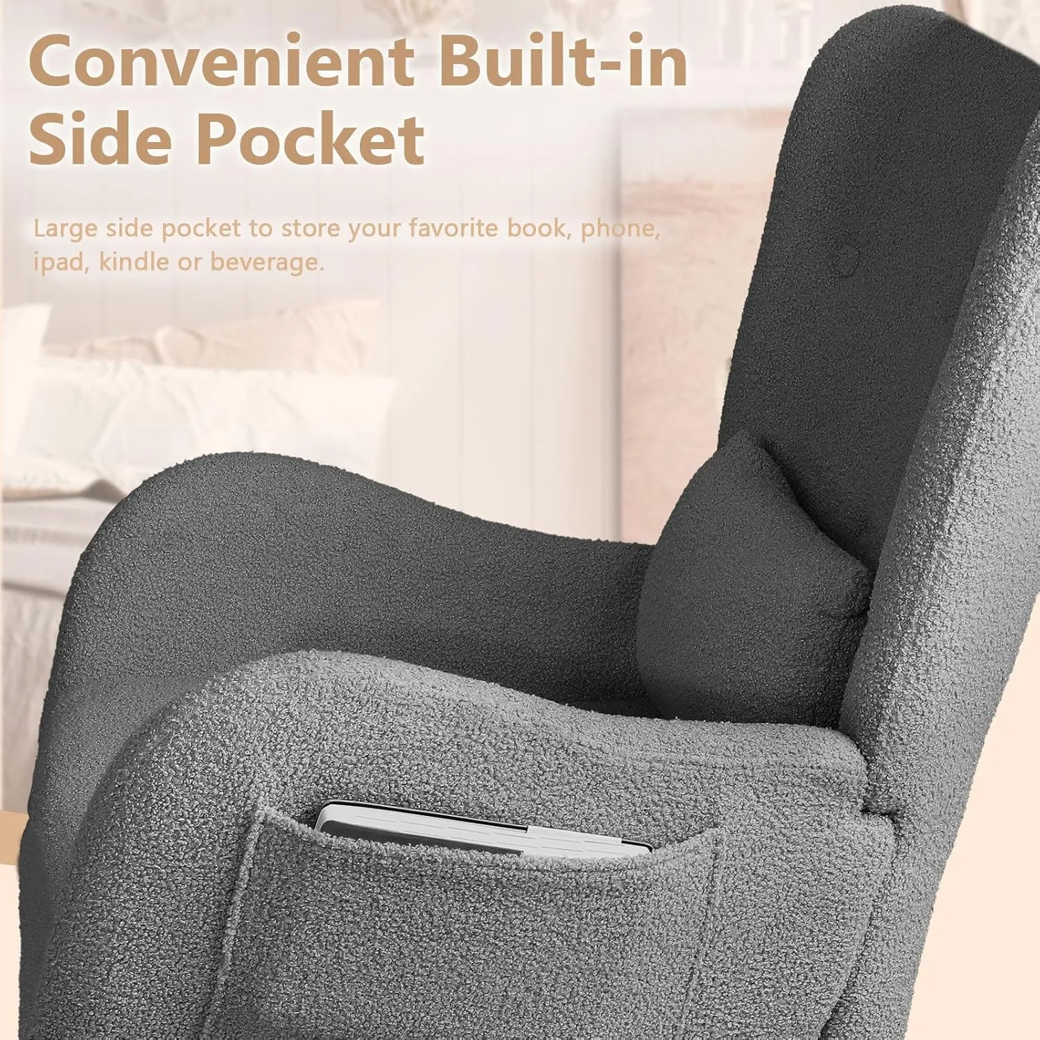 LEMBERI Rocking Chair Nursery, Teddy Upholstered Padded Seat Rocking Chair with Headrest, High Backrest Glider Accent Chair for Bedroom, Nursery, Living Room (Grey)