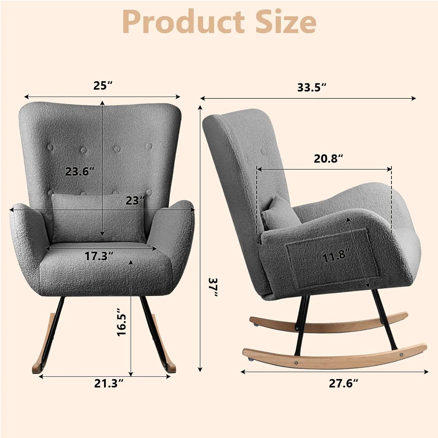 LEMBERI Rocking Chair Nursery, Teddy Upholstered Padded Seat Rocking Chair with Headrest, High Backrest Glider Accent Chair for Bedroom, Nursery, Living Room (Grey)