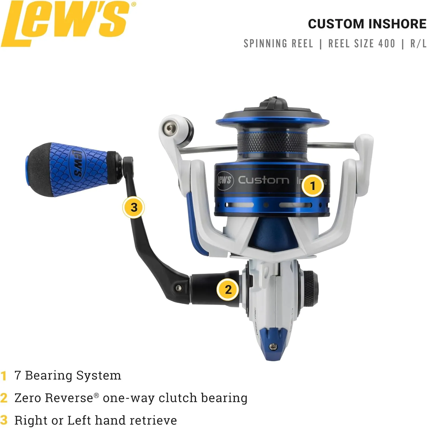 Lew's Custom Inshore Speed Spin Spinning Fishing Reel, 6.2:1 Gear Ratio, Right or Left-Hand Retrieve, Aluminum Frame, 7 Bearing System with Stainless Steel Double Shielded Ball Bearings, White