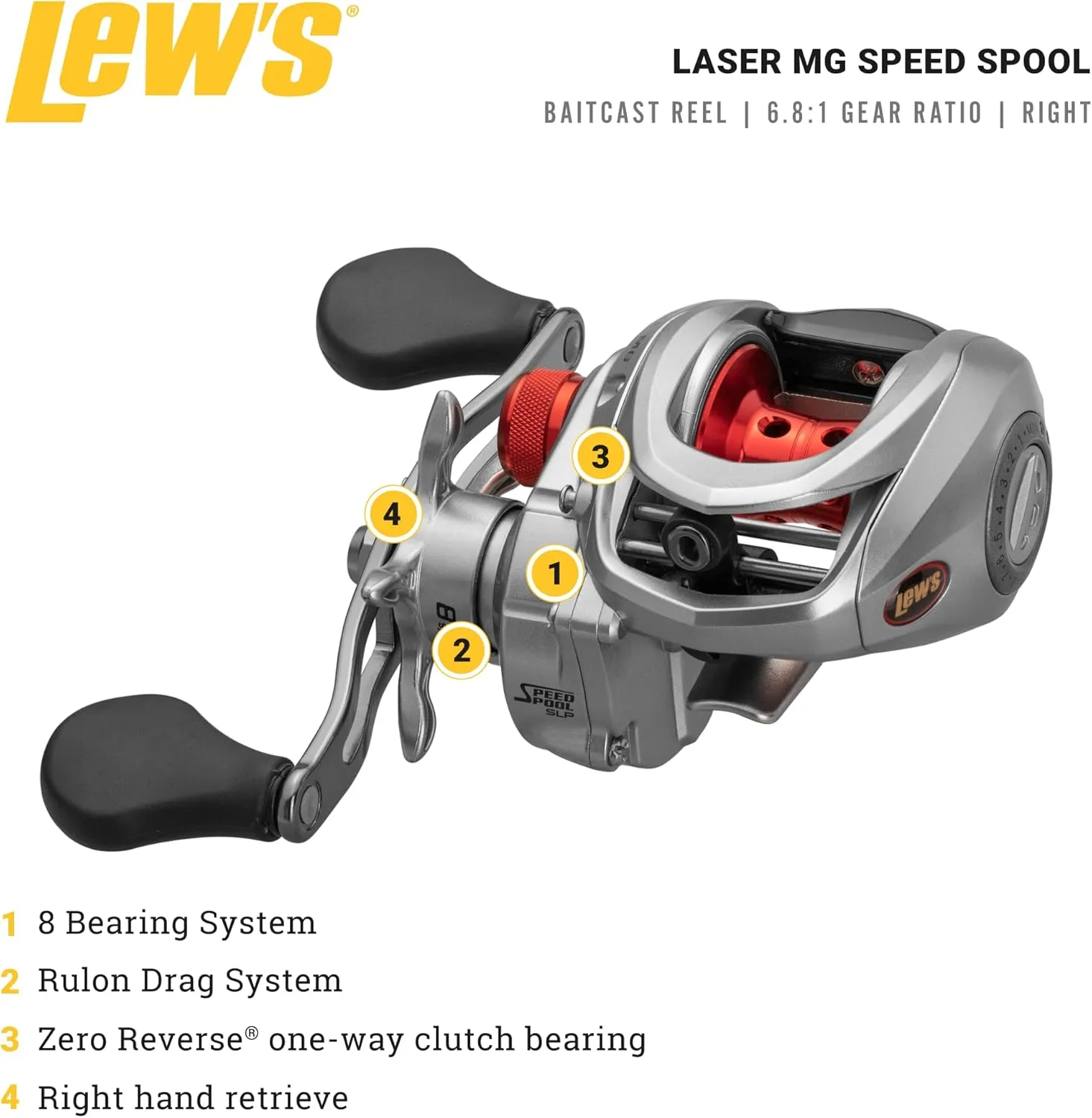 Lew's Laser MG Speed Spool SLP Baitcast Fishing Reel, Graphite Frame, 8 Bearing System with Stainless Steel Double Shielded Ball Bearings