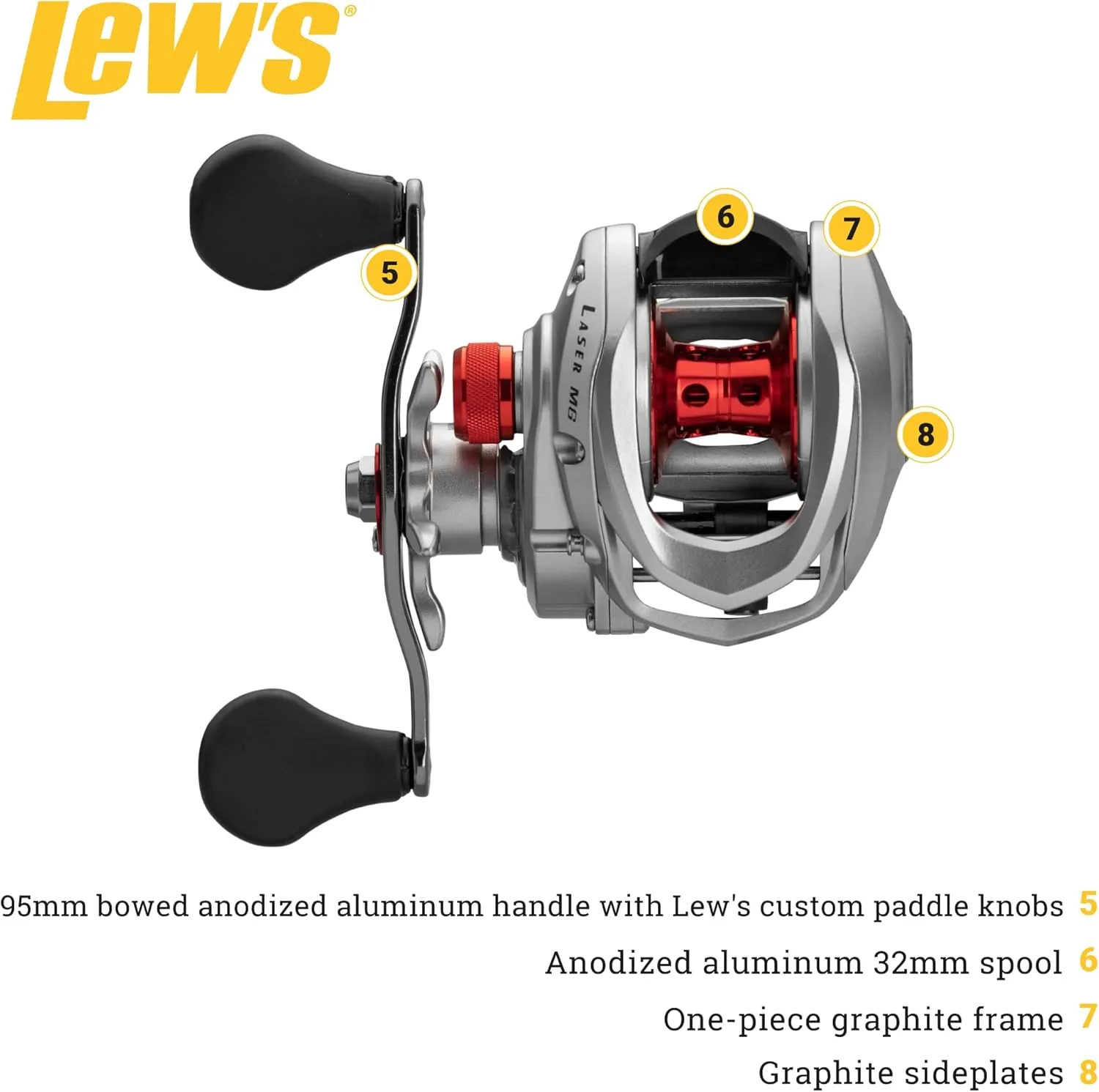 Lew's Laser MG Speed Spool SLP Baitcast Fishing Reel, Graphite Frame, 8 Bearing System with Stainless Steel Double Shielded Ball Bearings