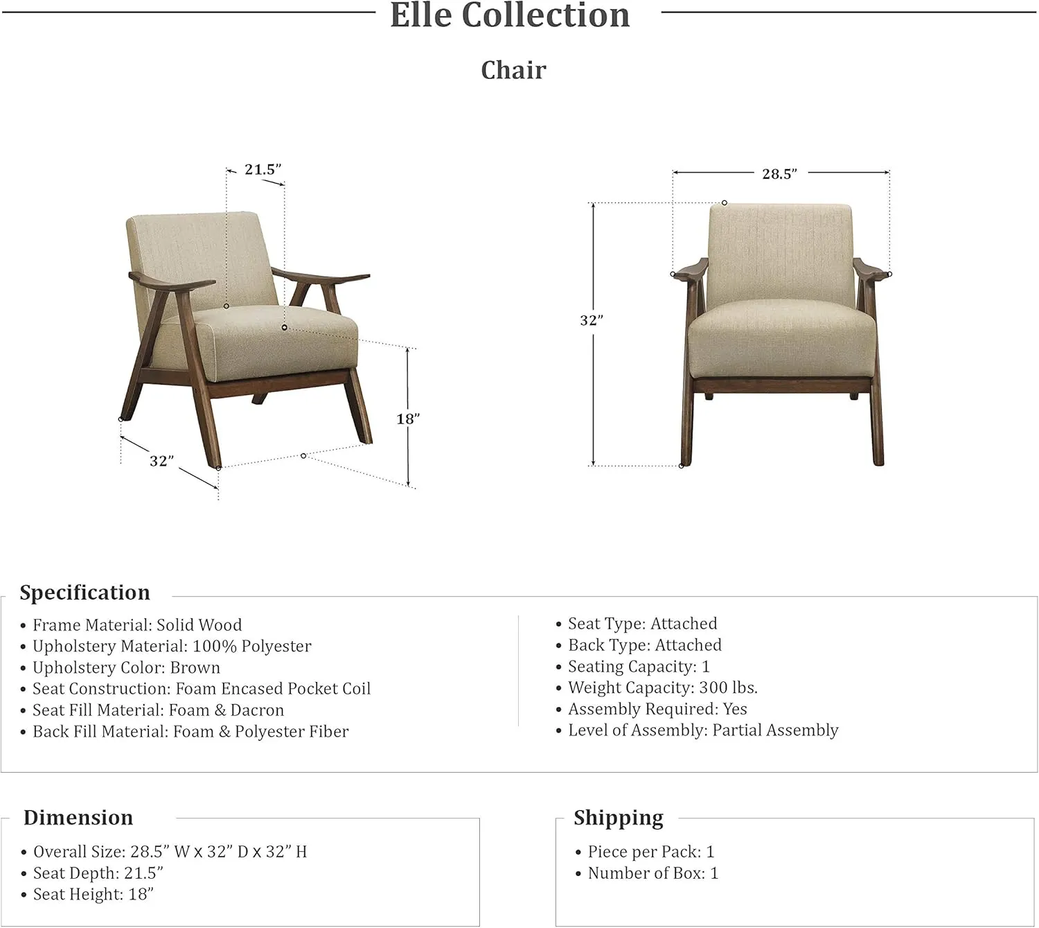 Lexicon Elle 3-Piece Living Room Set, Brown