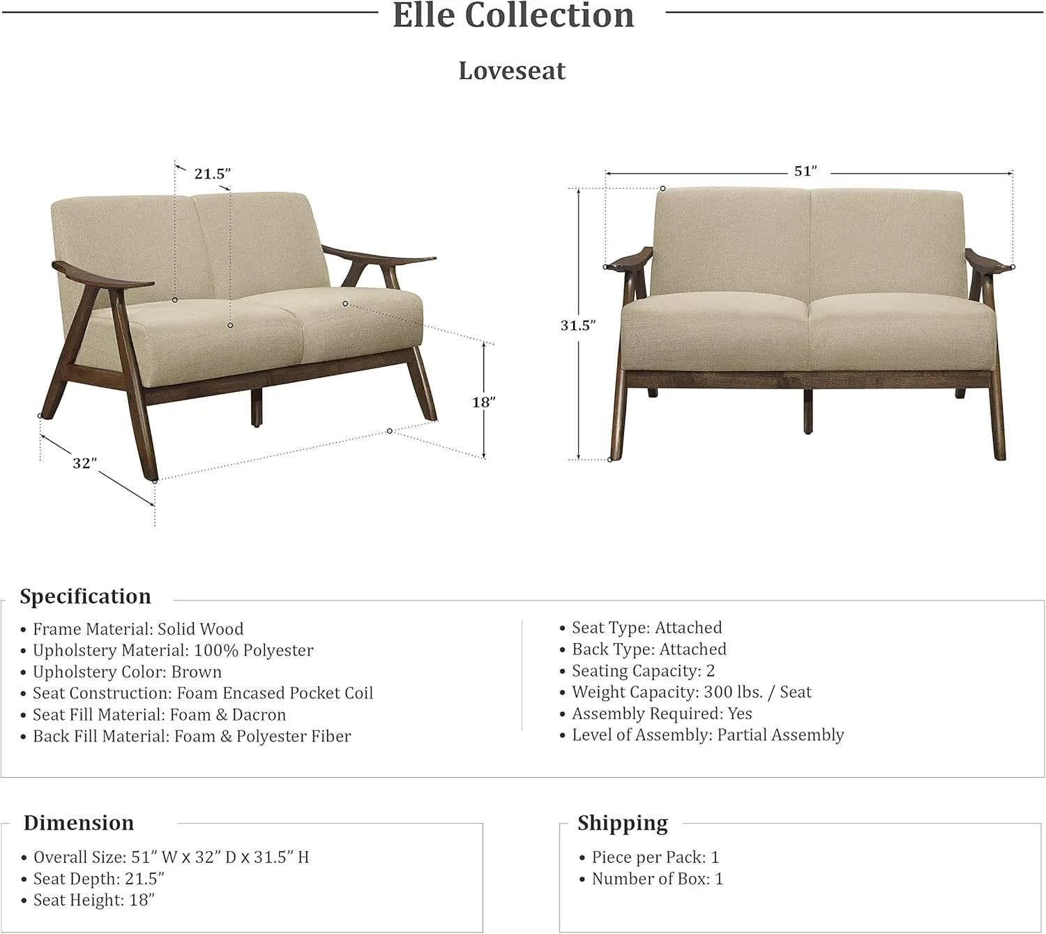 Lexicon Elle 3-Piece Living Room Set, Brown