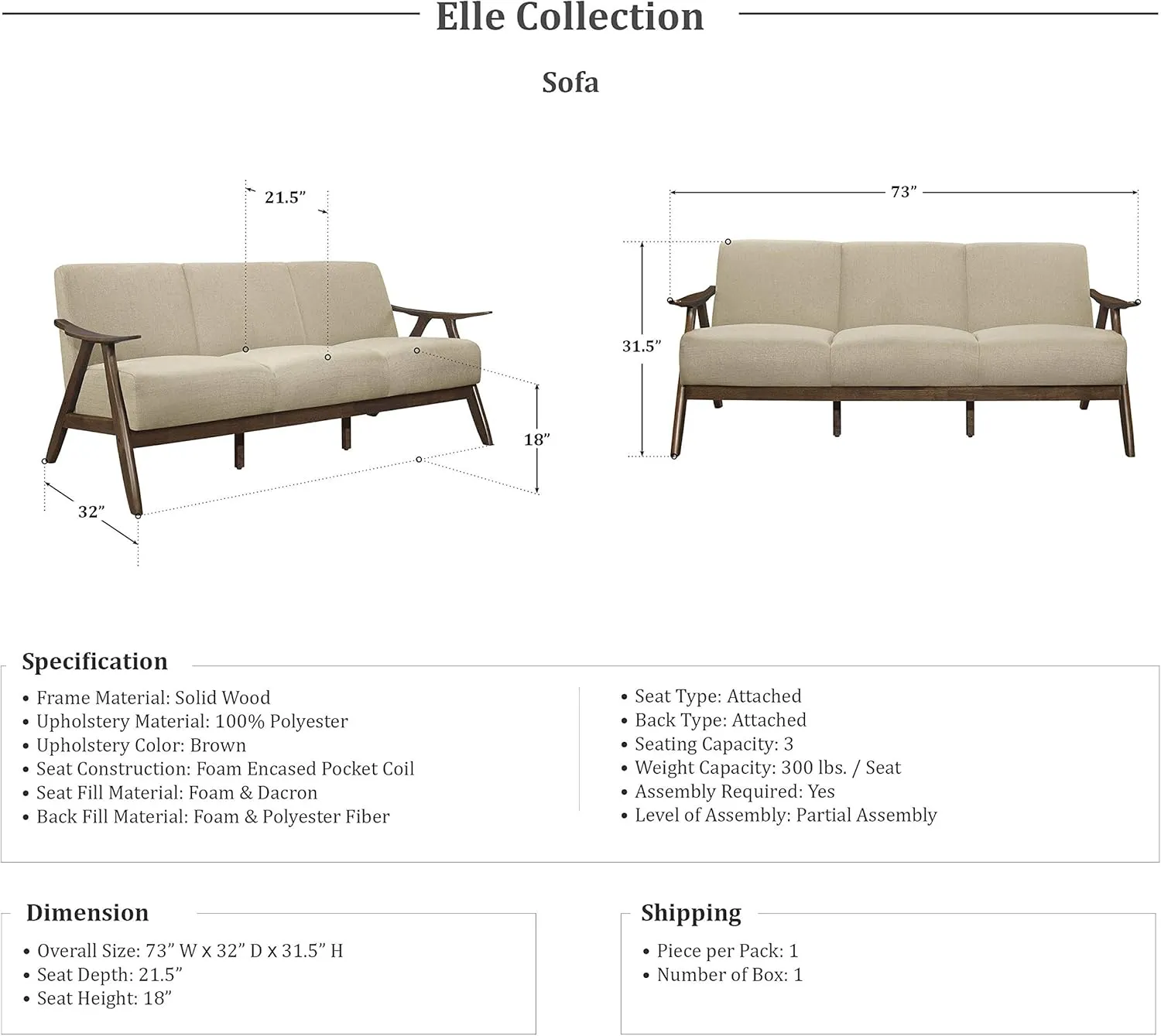 Lexicon Elle 3-Piece Living Room Set, Brown