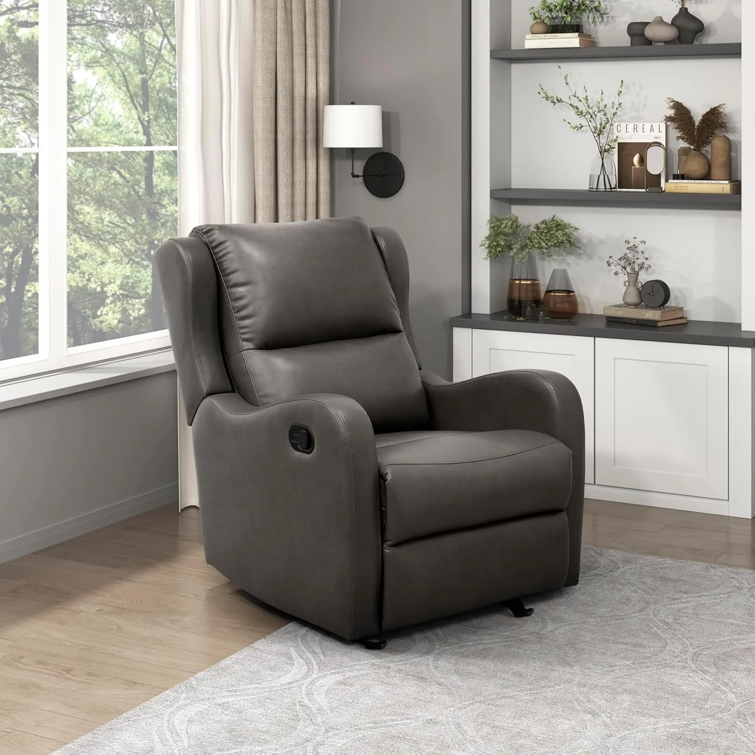 Lexicon Manual Glider Recliner Chair, Reclining Sofa Chair, Home Theater Seating, Manual Glider Recliner for Living Room/Office/Apartment, Easy Assembly, Gray Faux Leather