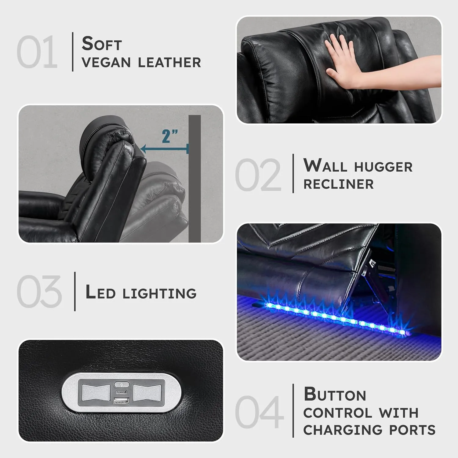 Lexicon Power Recliner Chair, Faux Leather Upholstered Home Theater Seating with LED Lighting, USB Charging Ports, Single Wall Hugger Reclining Chair for Living Room/Bedroom Easy Assembly, Black