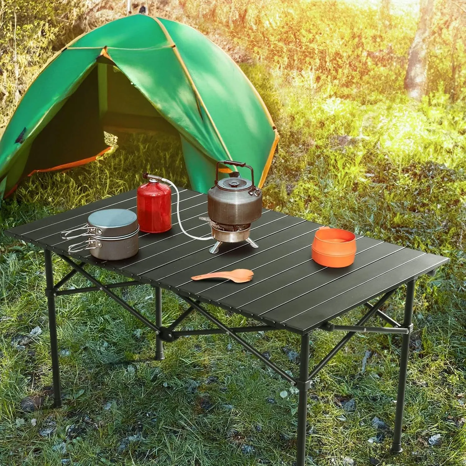 Lightweight Camping Table, Compact and Easy to Carry Camp Tables, Made of Foldable Carbon Steel, Beach Tables Side Table for Outdoor Adventures and Picnics 37.4" L x 21.7" W x 20" H (Black)