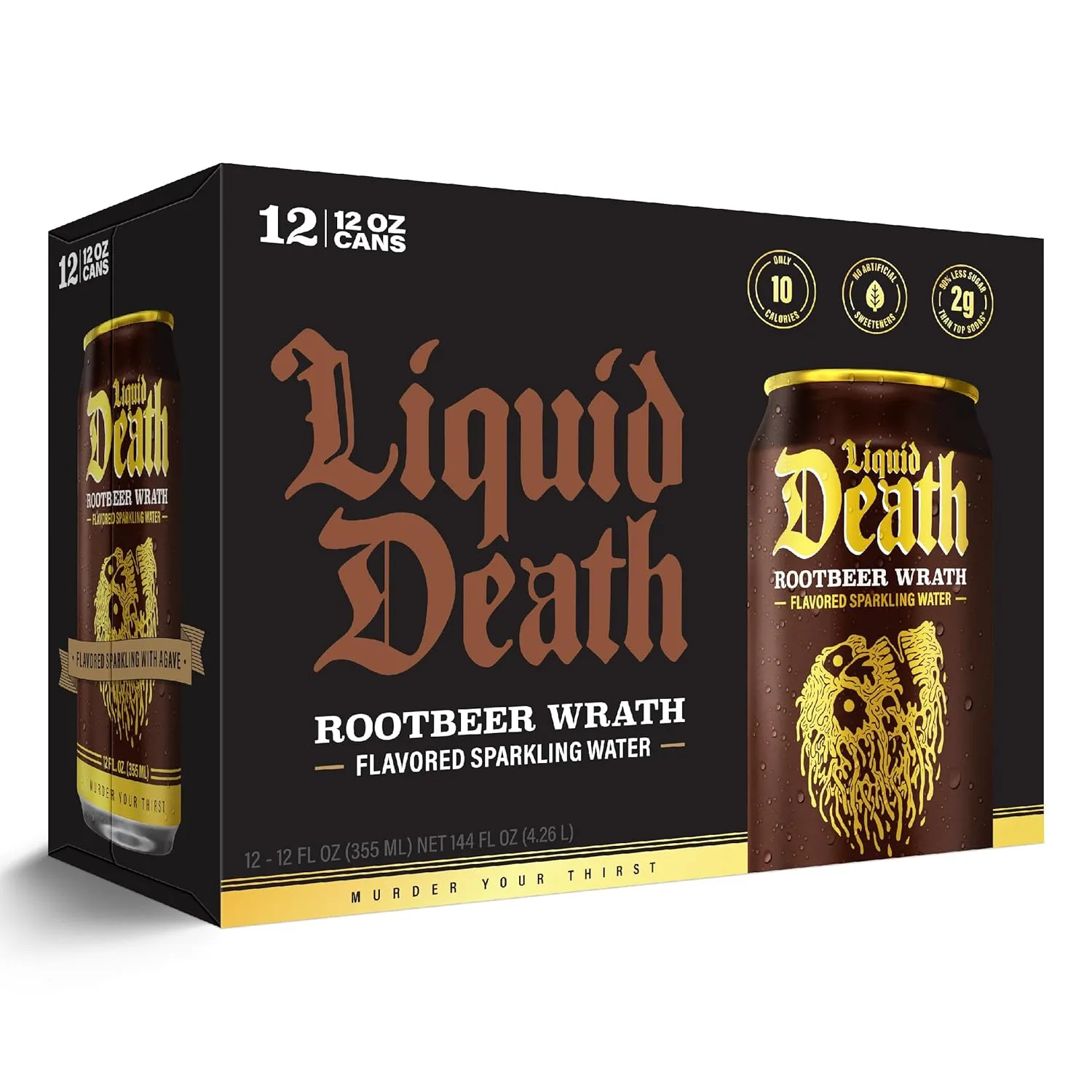 Liquid Death, Rootbeer Wrath, Root Beer-Flavored Sparkling Water, 12-Pack (12oz Cans), Low Calorie & No Artificial Sweeteners