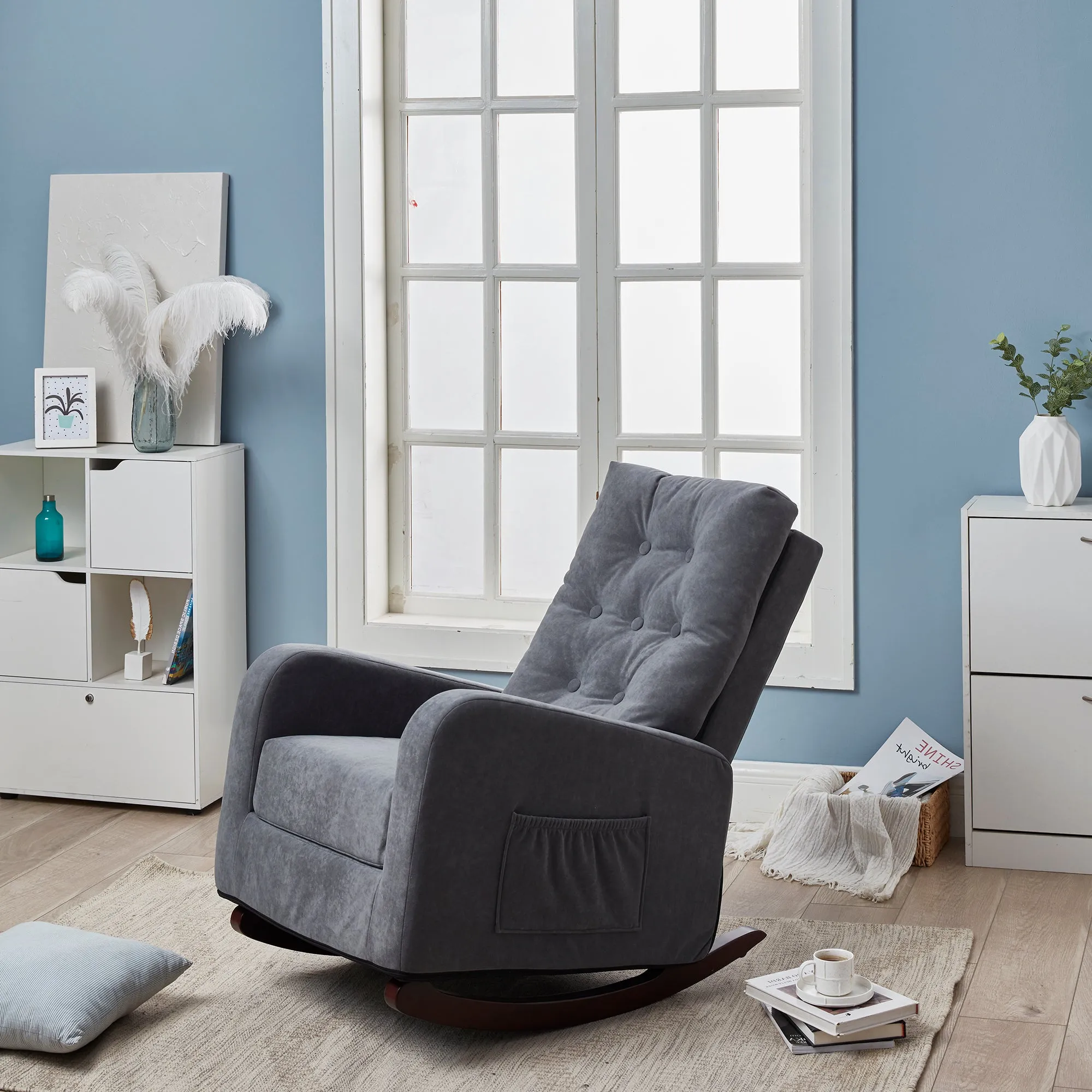 Living Room Chair Lazy Recliner Comfortable Fabric High Back Armchair- Antique Gray