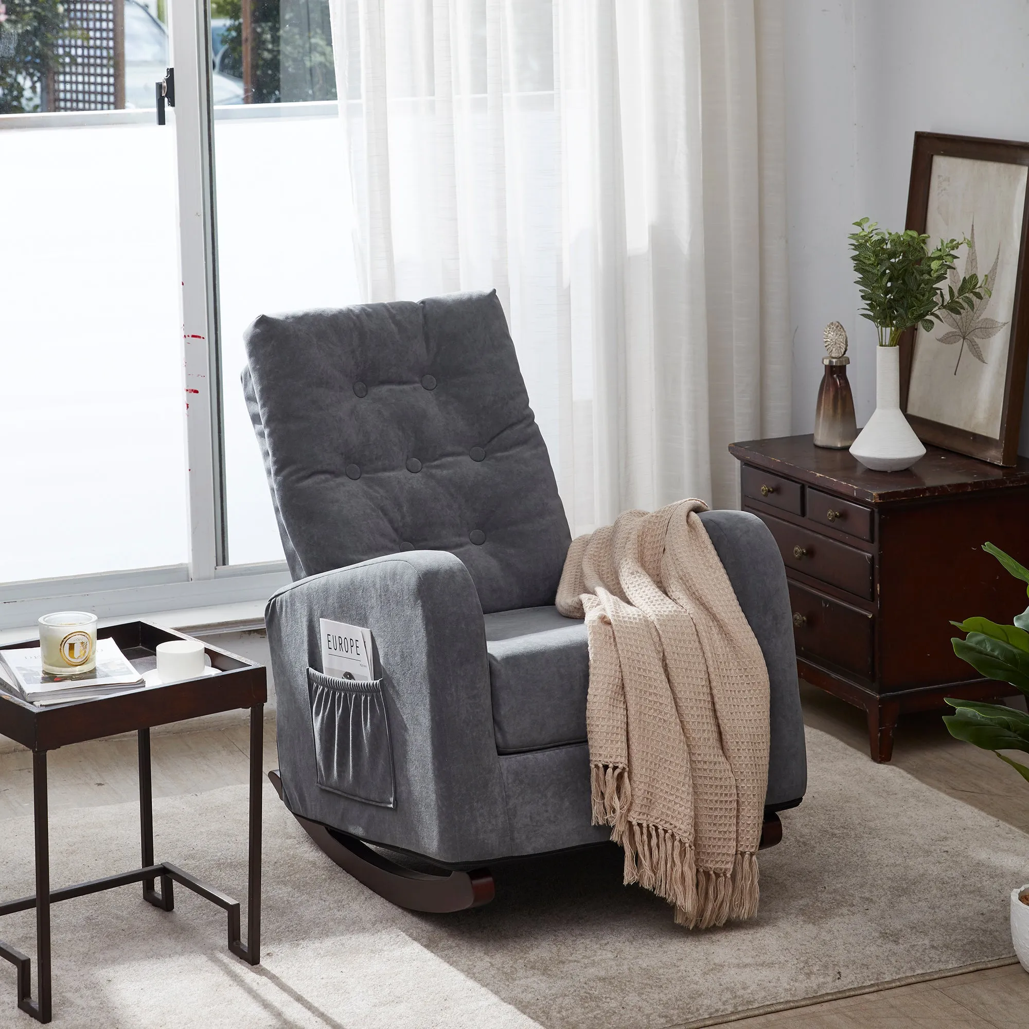 Living Room Chair Lazy Recliner Comfortable Fabric High Back Armchair- Antique Gray