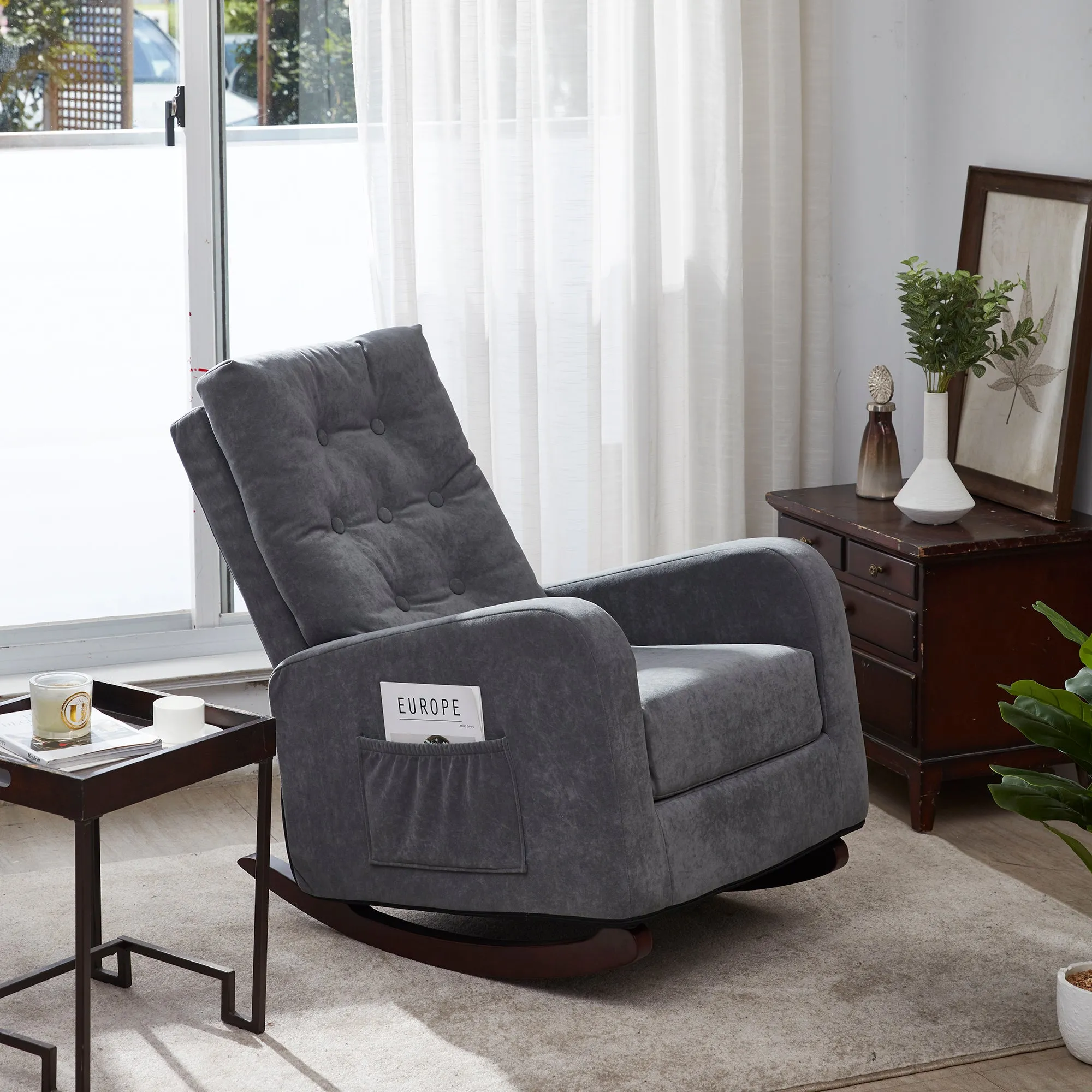Living Room Chair Lazy Recliner Comfortable Fabric High Back Armchair- Antique Gray
