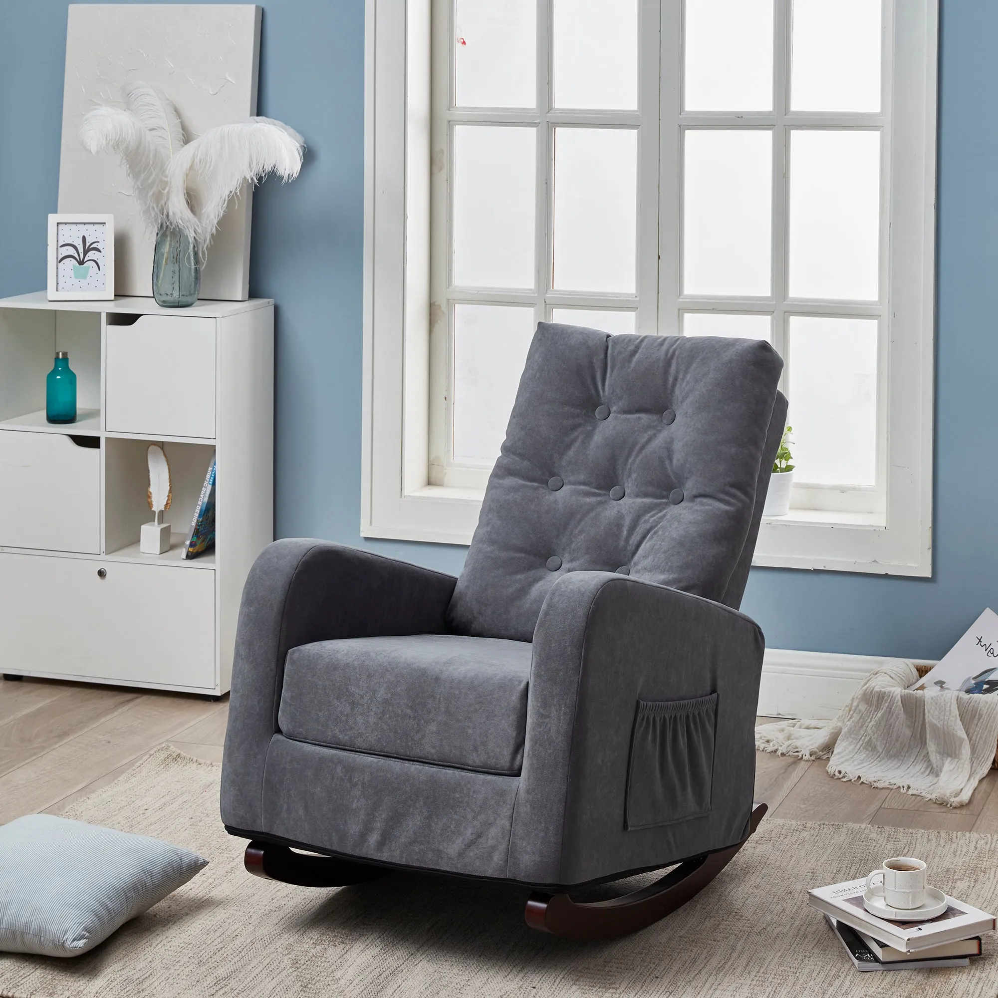 Living Room Chair Lazy Recliner Comfortable Fabric High Back Armchair- Antique Gray