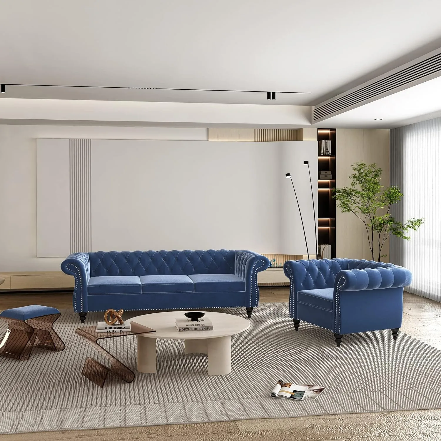 Living Room Chair, Modern Velvet Chesterfield Sofa Chair, Mid Century Single Sofa Couch Chair with Tufted Back and Rolled Arms, Accent Chair for Living Room Apartment, Blue