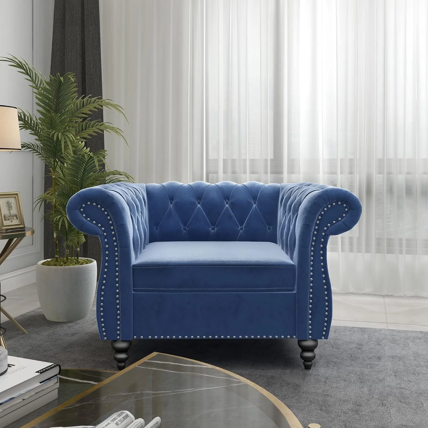 Living Room Chair, Modern Velvet Chesterfield Sofa Chair, Mid Century Single Sofa Couch Chair with Tufted Back and Rolled Arms, Accent Chair for Living Room Apartment, Blue