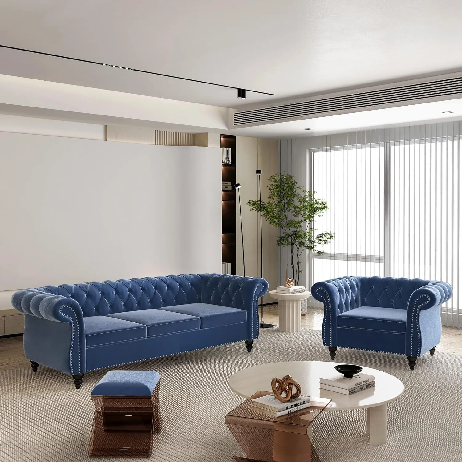 Living Room Chair, Modern Velvet Chesterfield Sofa Chair, Mid Century Single Sofa Couch Chair with Tufted Back and Rolled Arms, Accent Chair for Living Room Apartment, Blue