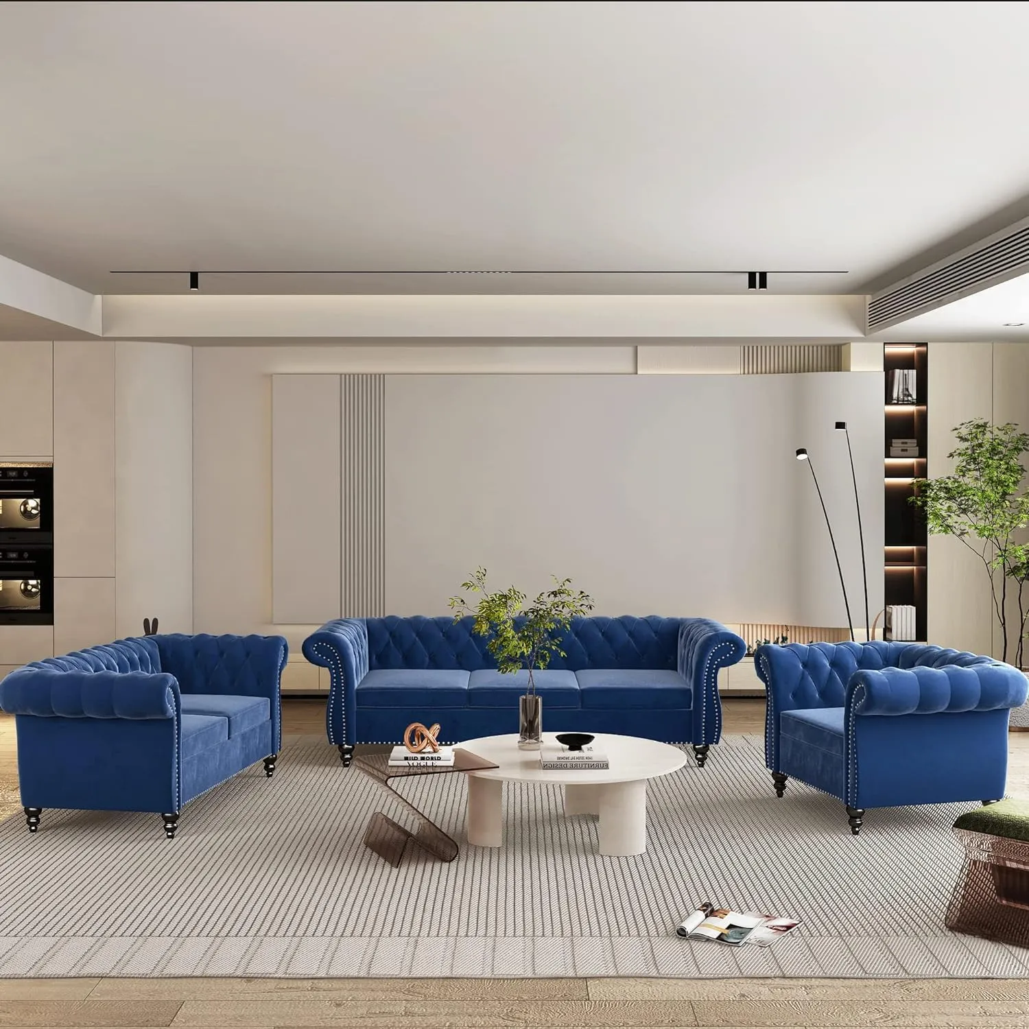 Living Room Chair, Modern Velvet Chesterfield Sofa Chair, Mid Century Single Sofa Couch Chair with Tufted Back and Rolled Arms, Accent Chair for Living Room Apartment, Blue