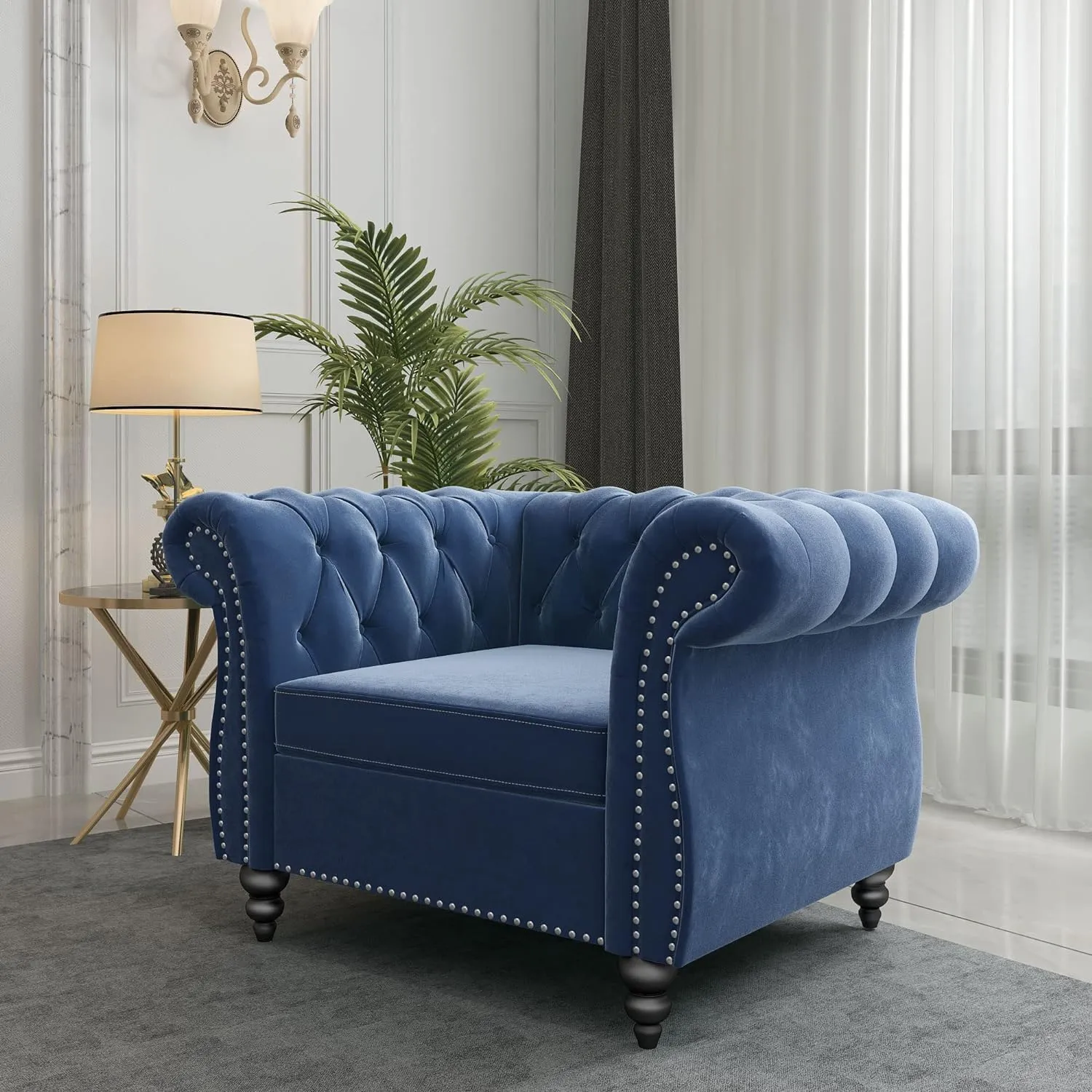 Living Room Chair, Modern Velvet Chesterfield Sofa Chair, Mid Century Single Sofa Couch Chair with Tufted Back and Rolled Arms, Accent Chair for Living Room Apartment, Blue