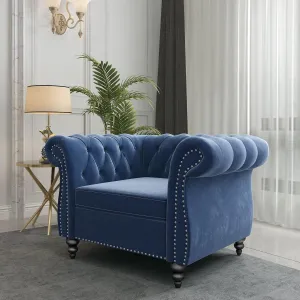 Living Room Chair, Modern Velvet Chesterfield Sofa Chair, Mid Century Single Sofa Couch Chair with Tufted Back and Rolled Arms, Accent Chair for Living Room Apartment, Blue