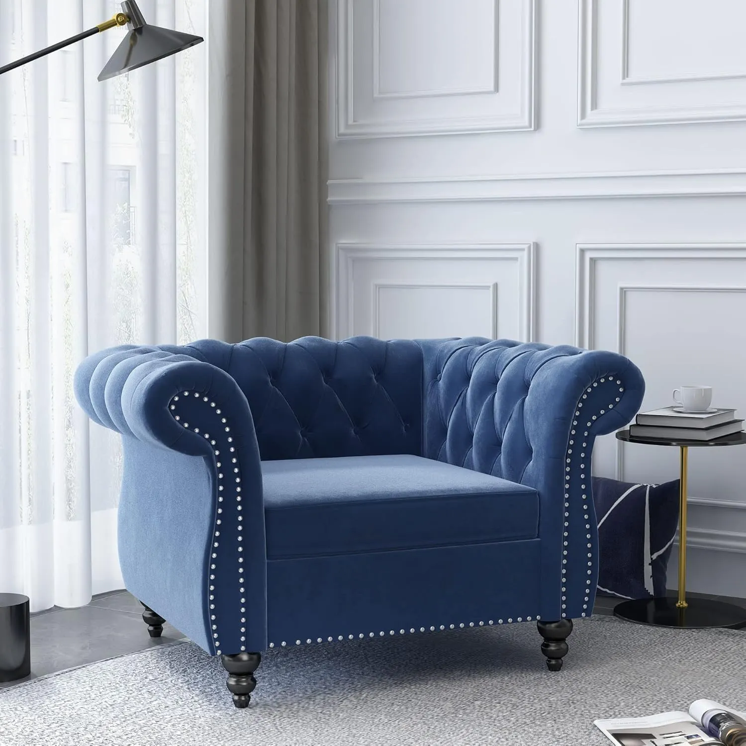 Living Room Chair, Modern Velvet Chesterfield Sofa Chair, Mid Century Single Sofa Couch Chair with Tufted Back and Rolled Arms, Accent Chair for Living Room Apartment, Blue