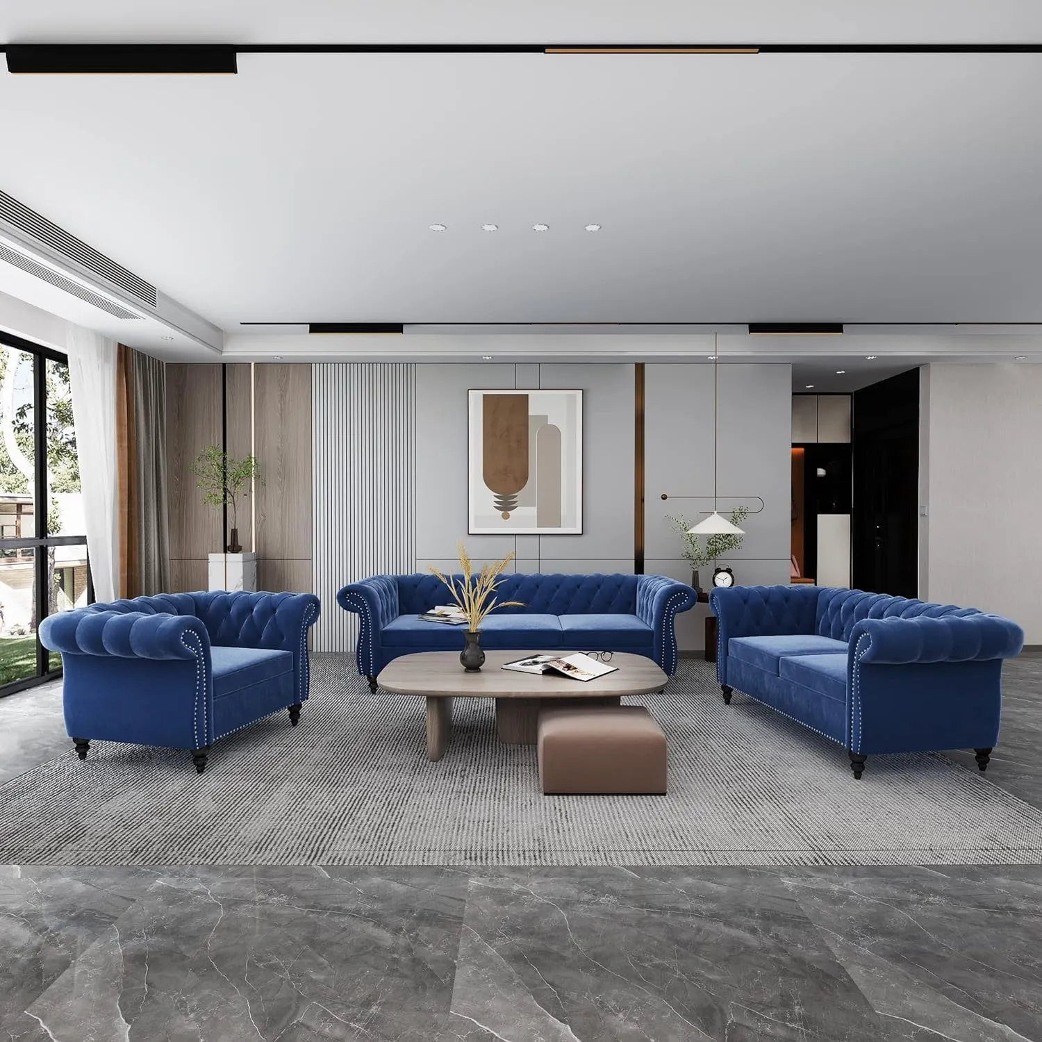 Living Room Chair, Modern Velvet Chesterfield Sofa Chair, Mid Century Single Sofa Couch Chair with Tufted Back and Rolled Arms, Accent Chair for Living Room Apartment, Blue