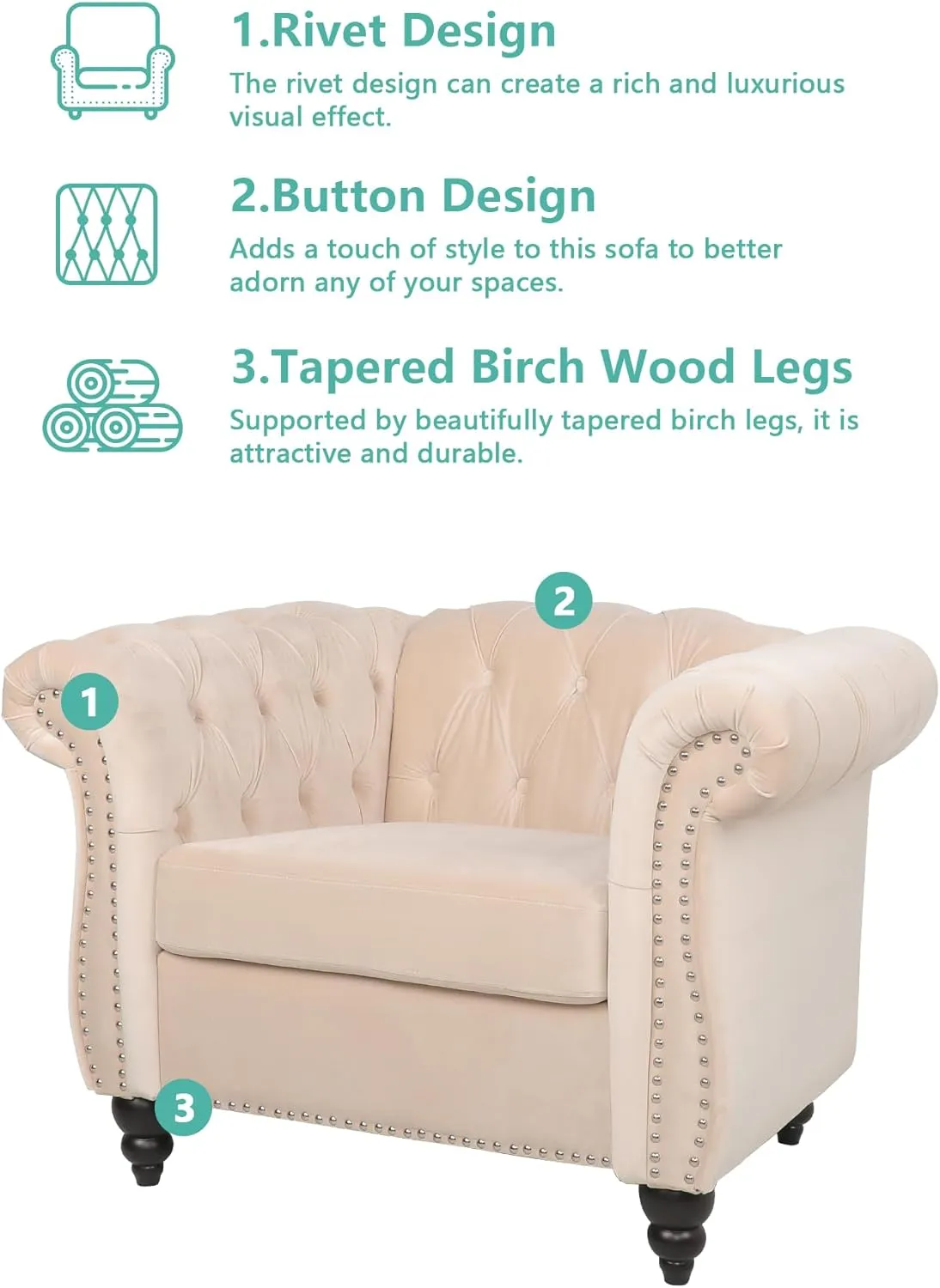 Living Room Chair, Modern Velvet Chesterfield Sofa Chair, Mid Century Single Sofa Couch Chair with Tufted Back and Rolled Arms, Accent Sofa Chair for Living Room Apartment, Beige