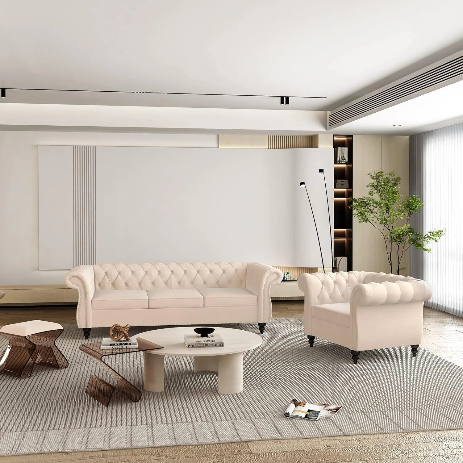 Living Room Chair, Modern Velvet Chesterfield Sofa Chair, Mid Century Single Sofa Couch Chair with Tufted Back and Rolled Arms, Accent Sofa Chair for Living Room Apartment, Beige